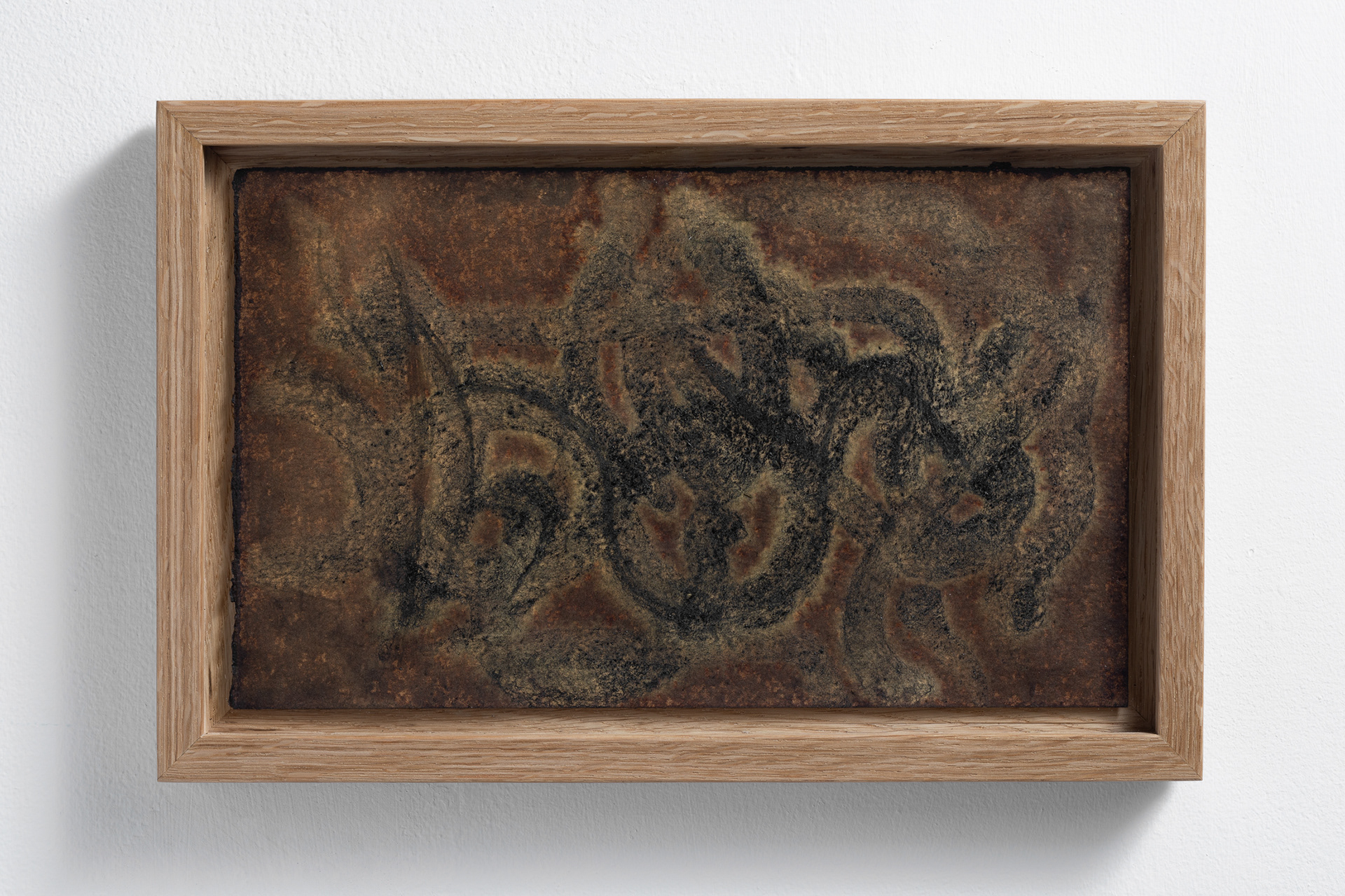 Love Spell (The Free Horse), 2022, Arches paper, pigments, gum arabic, water, burned olive wood and other materials, solid oak frame, 23 × 36 cm (framed)