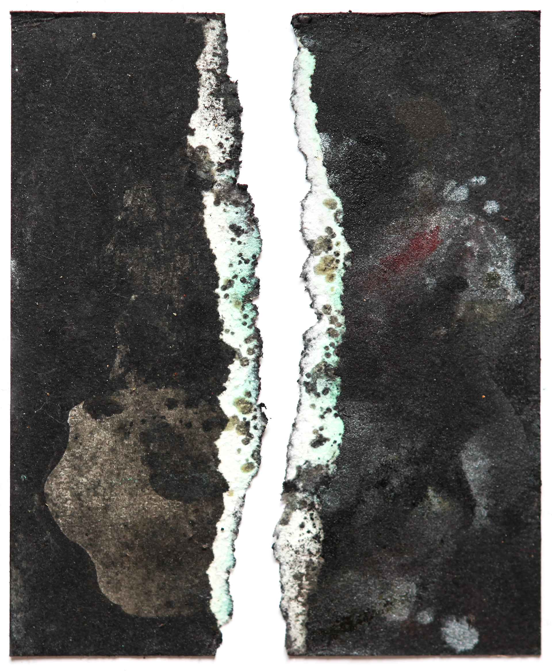 L’Origine du monde, Dead Sea water on torn paper, in interaction with various pigments, 21 × 15 cm, 2025