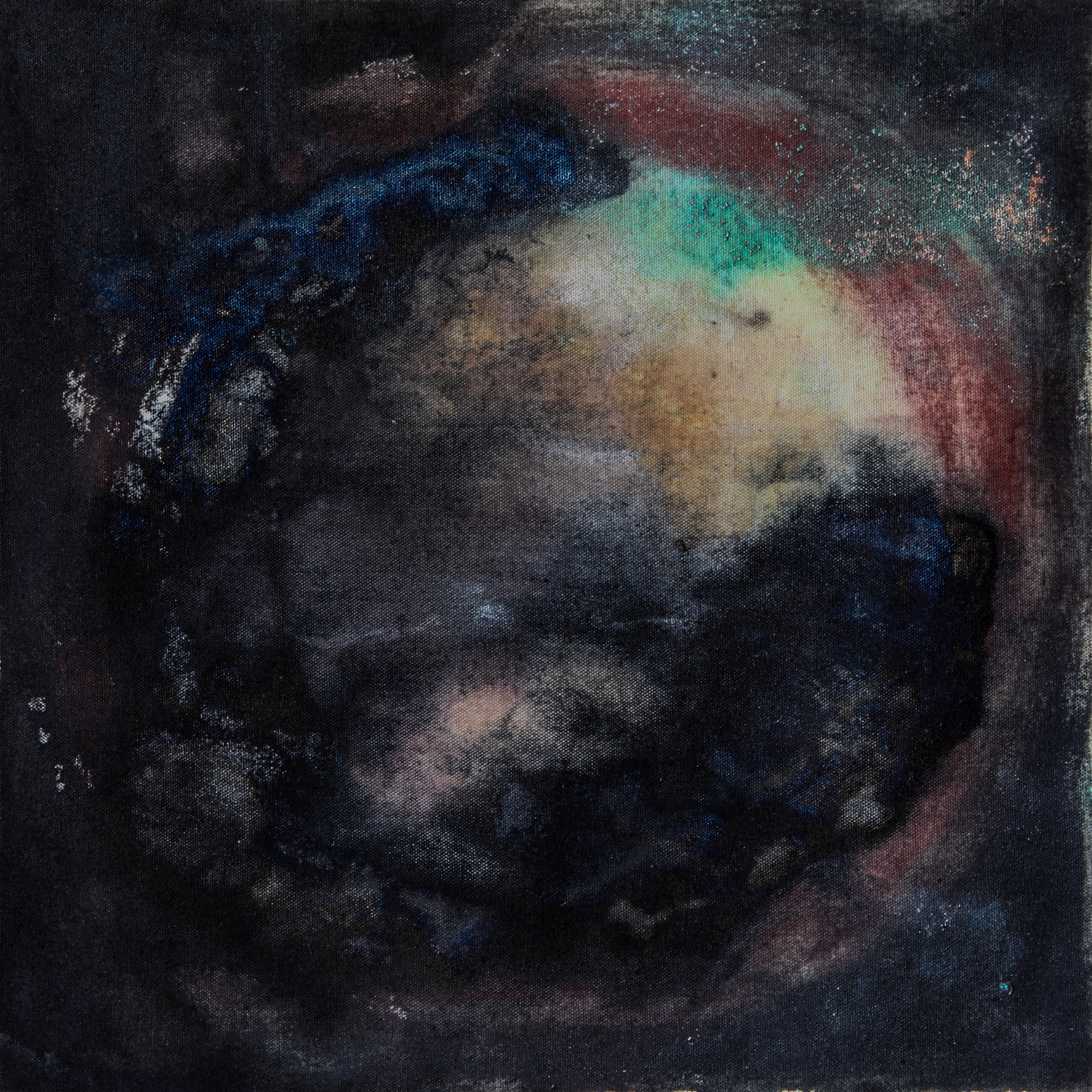 Je n’arrive pas à me coucher, Dead Sea water on canvas, in interaction with various pigments, 44 × 42 cm, 2025