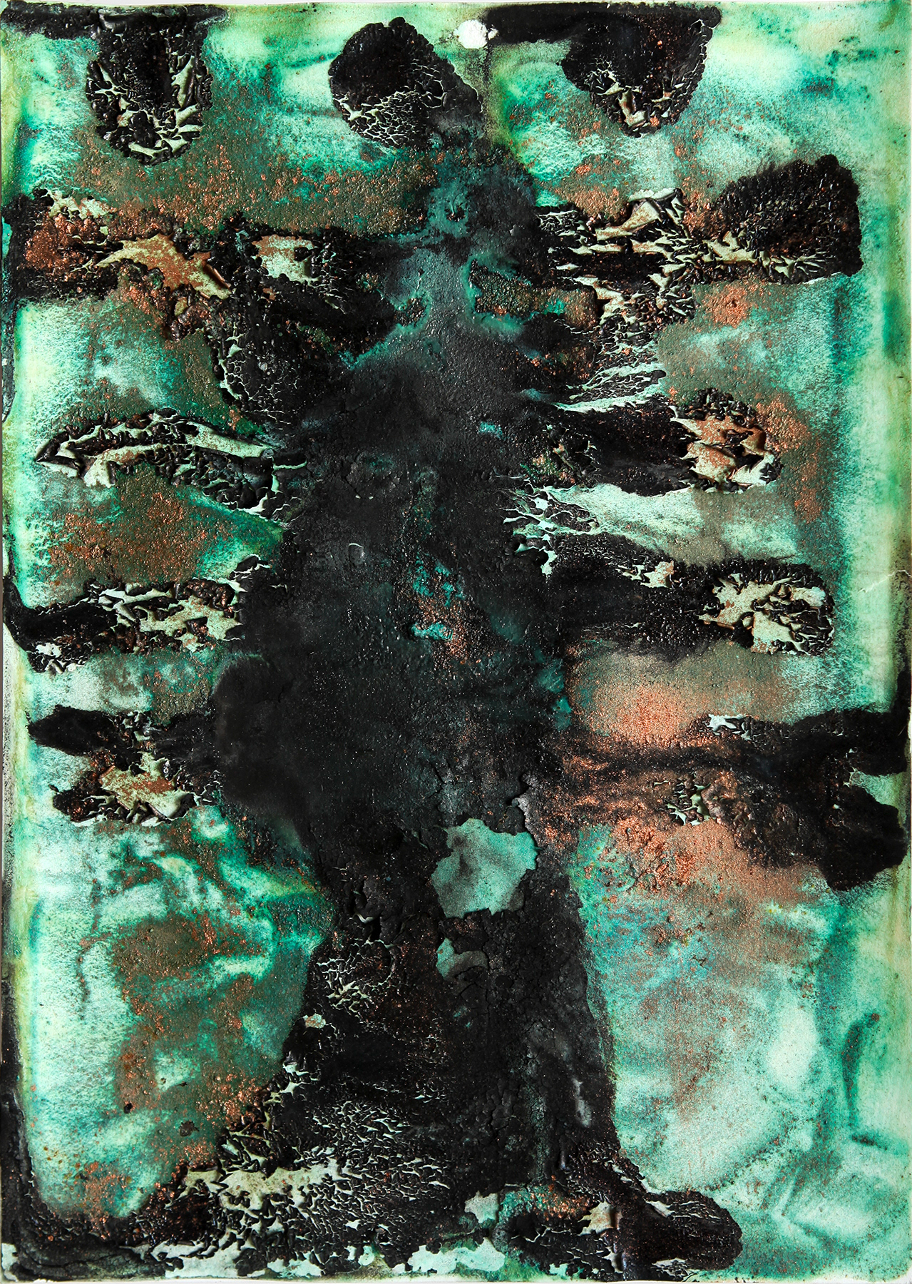 The Mourner (I Am a Lighthouse), Dead Sea water on paper, in interaction with various pigments, 42 × 29.7 cm, 2025