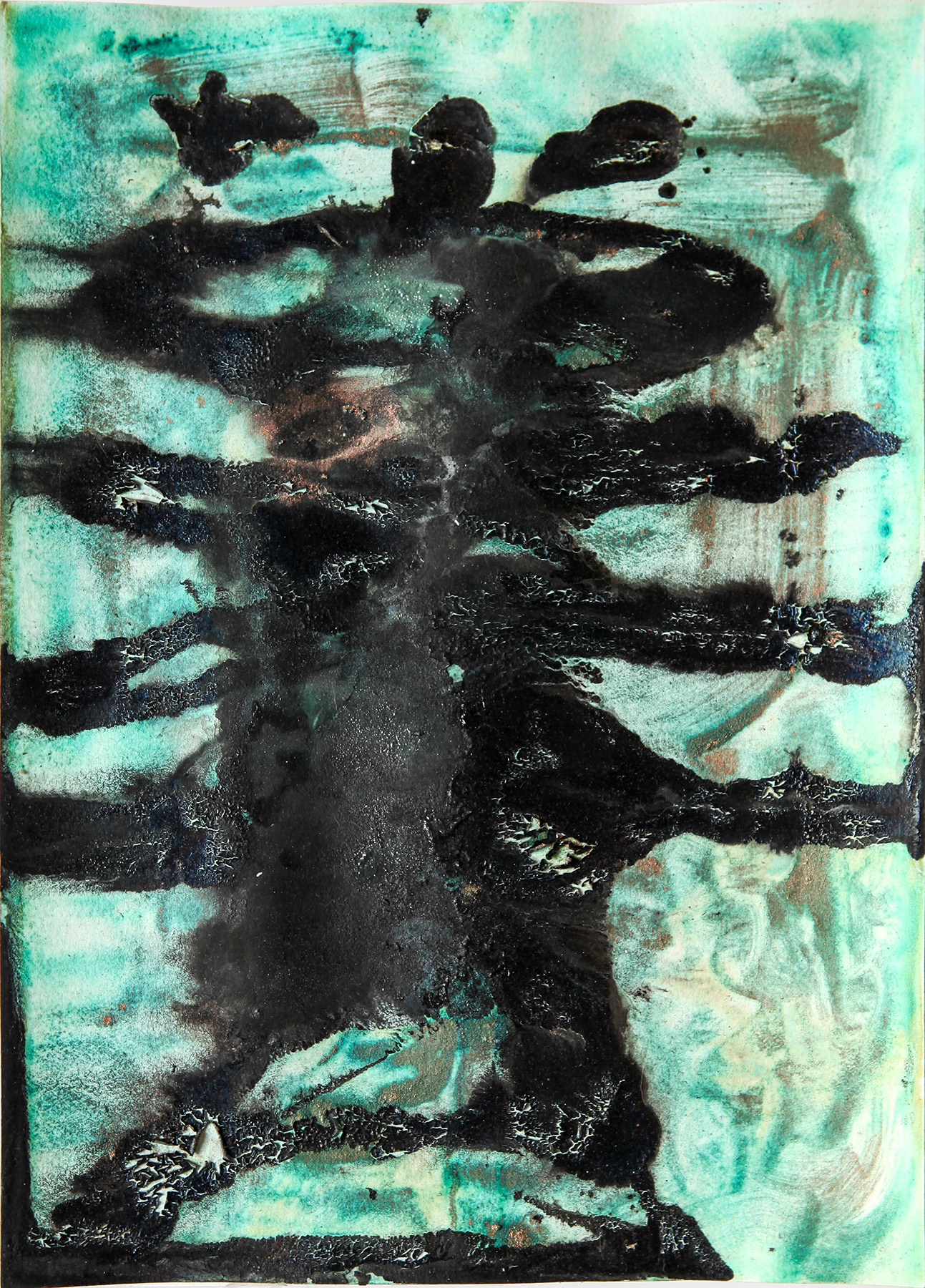 The Mourner (I Am a Lighthouse), Dead Sea water on paper, in interaction with various pigments, 42 × 29.7 cm, 2025