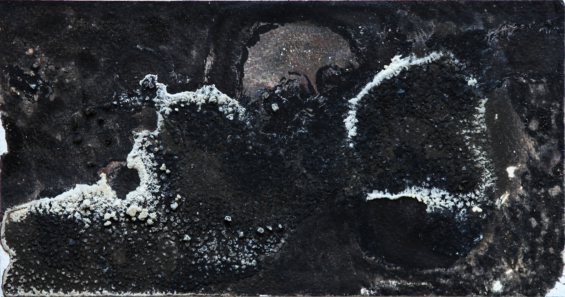 Erasing the horse from the Sunset (Till We Meet Again), Dead Sea salt, black ink, various pigments and tempera on paper, 12 × 22.7 cm, 2025