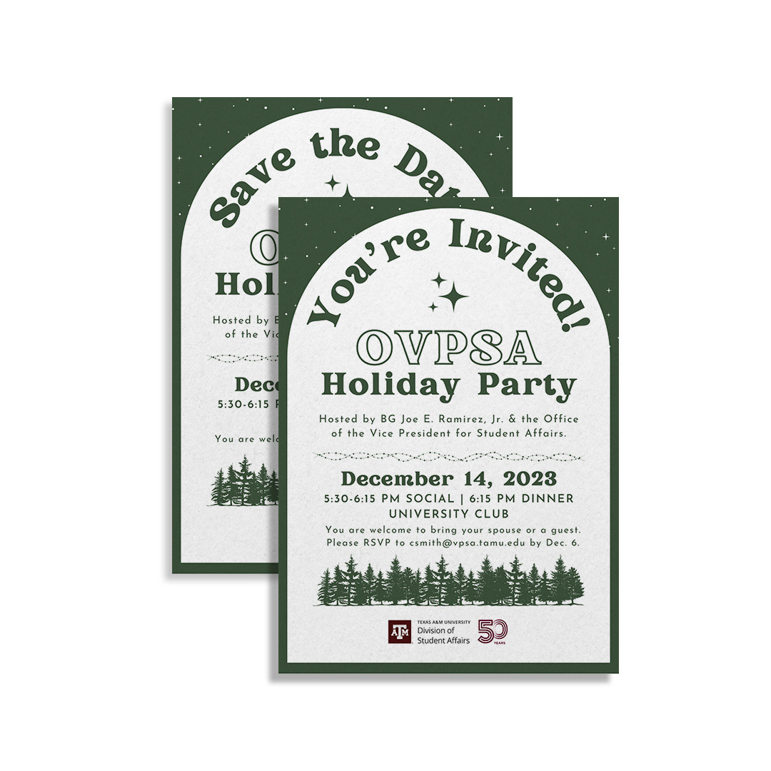 Printed invitations for the Office of the Vice President for Student Affairs Holiday Party.
