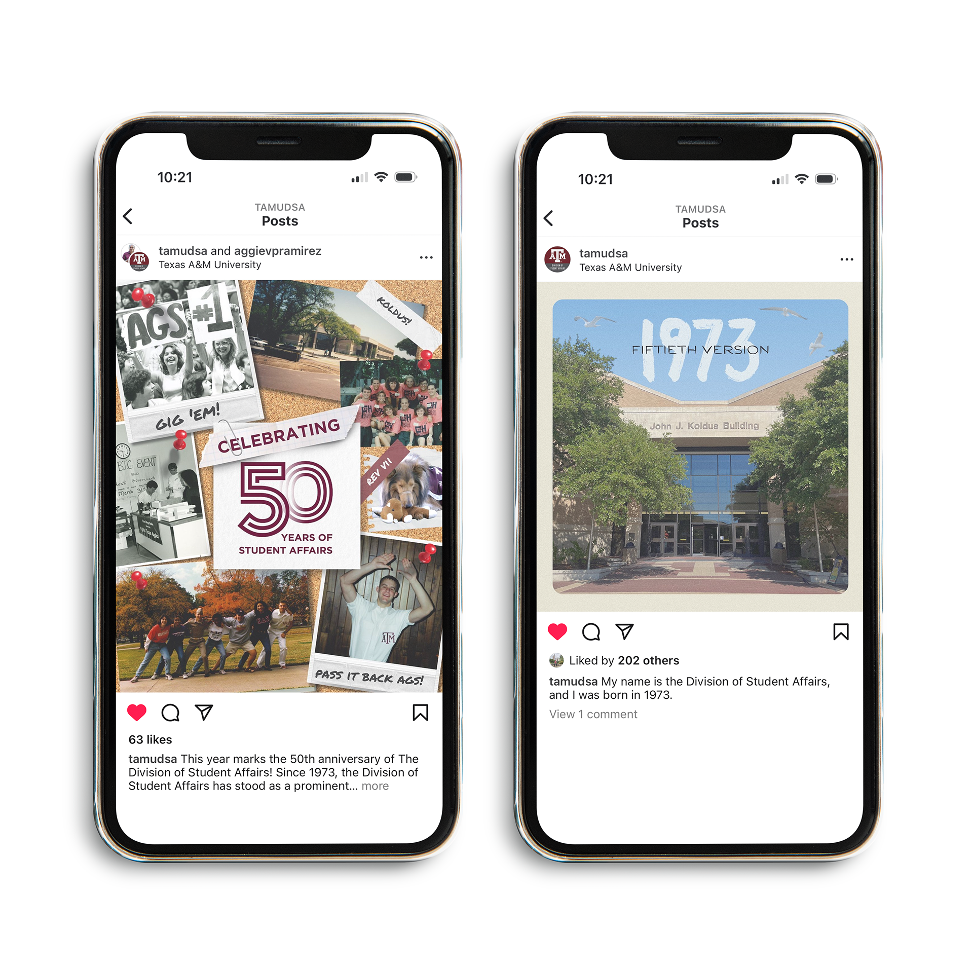 Two Instagram posts promoting the 50th Anniversary, one inspired by a Taylor Swift album