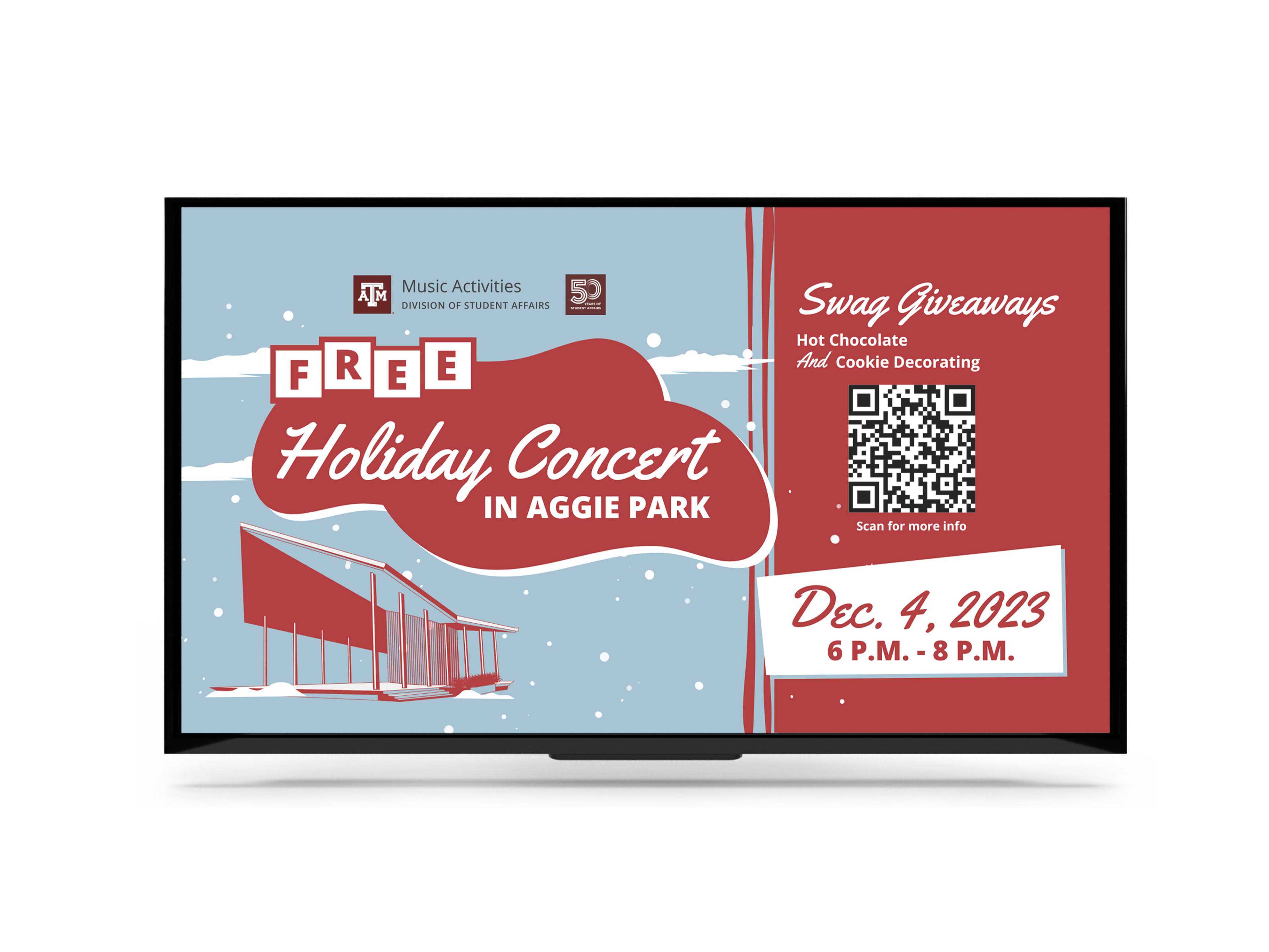 Retro, mid-century style digital sign for the DSA/Music Activities Holiday Concert.