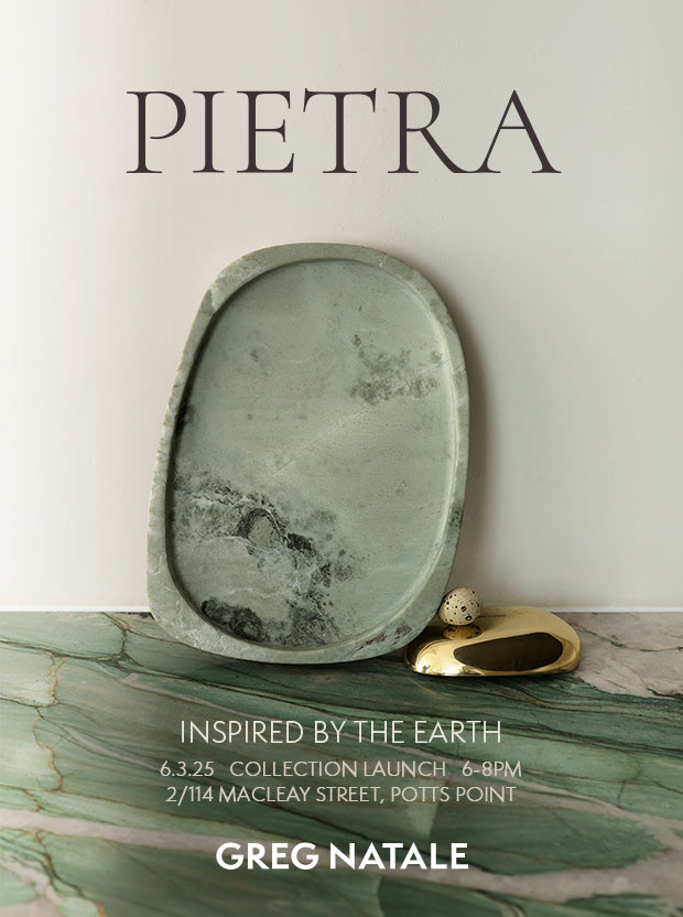 Invitation to the unveiling of Greg Natale's Pietra Collection.