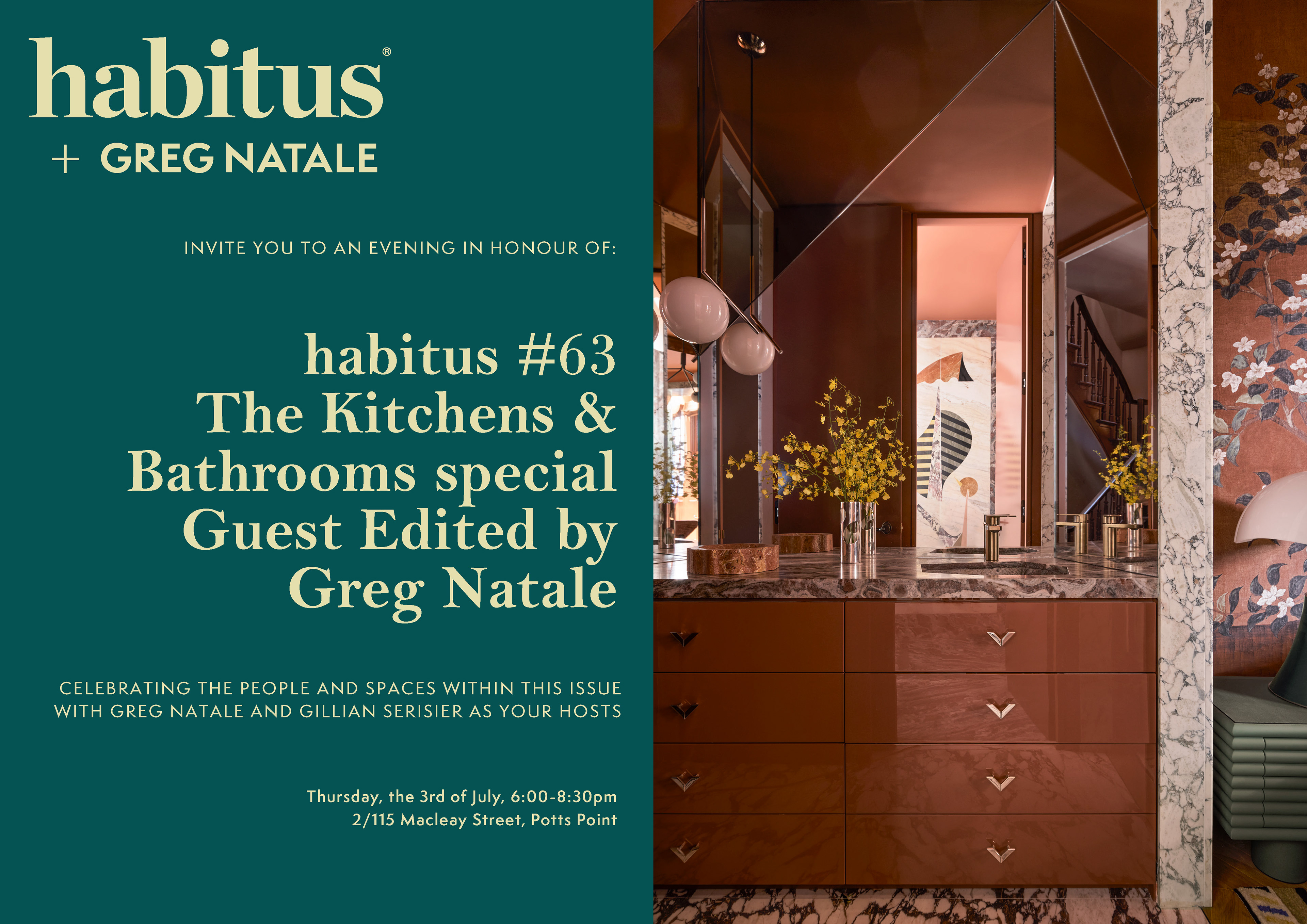 The official invitation to celebrate Habitus #63, guest edited by Greg Natale.
