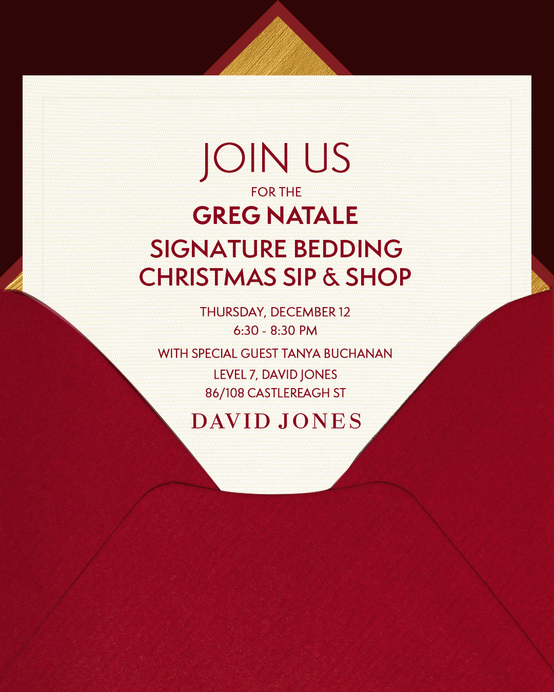Invitation to a Christmas Sip & Shop hosted by Greg Natale and David Jones.