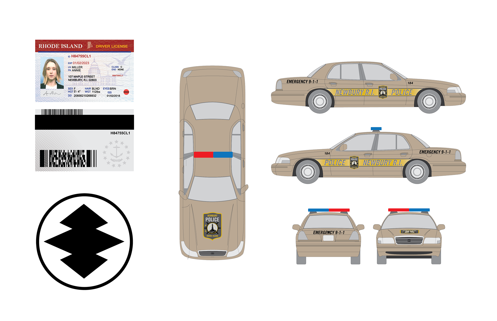 Driver's license • Police car • Helmet graphic