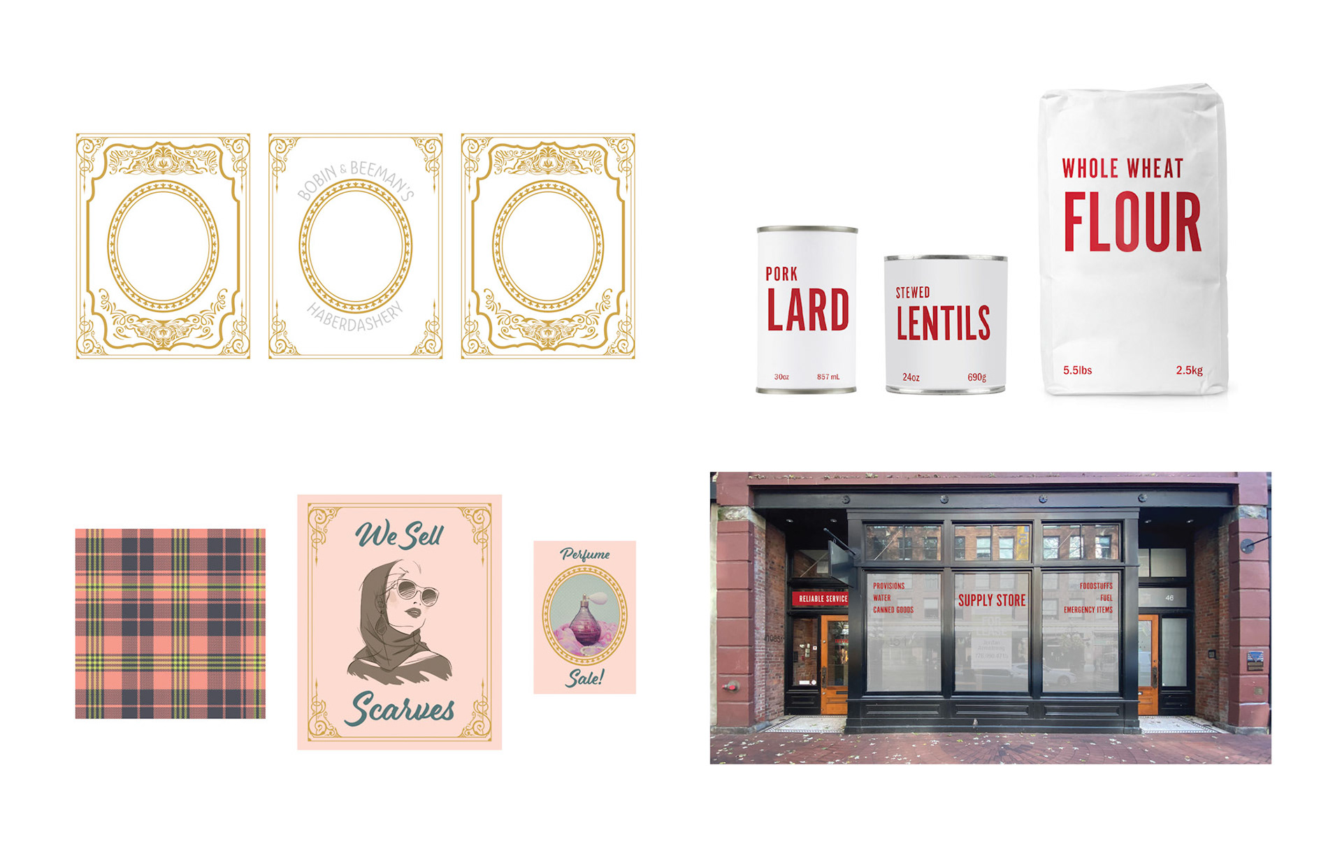Hat store window graphics • Wallpaper and easel signs • Supply Store window graphics • Generic product labels