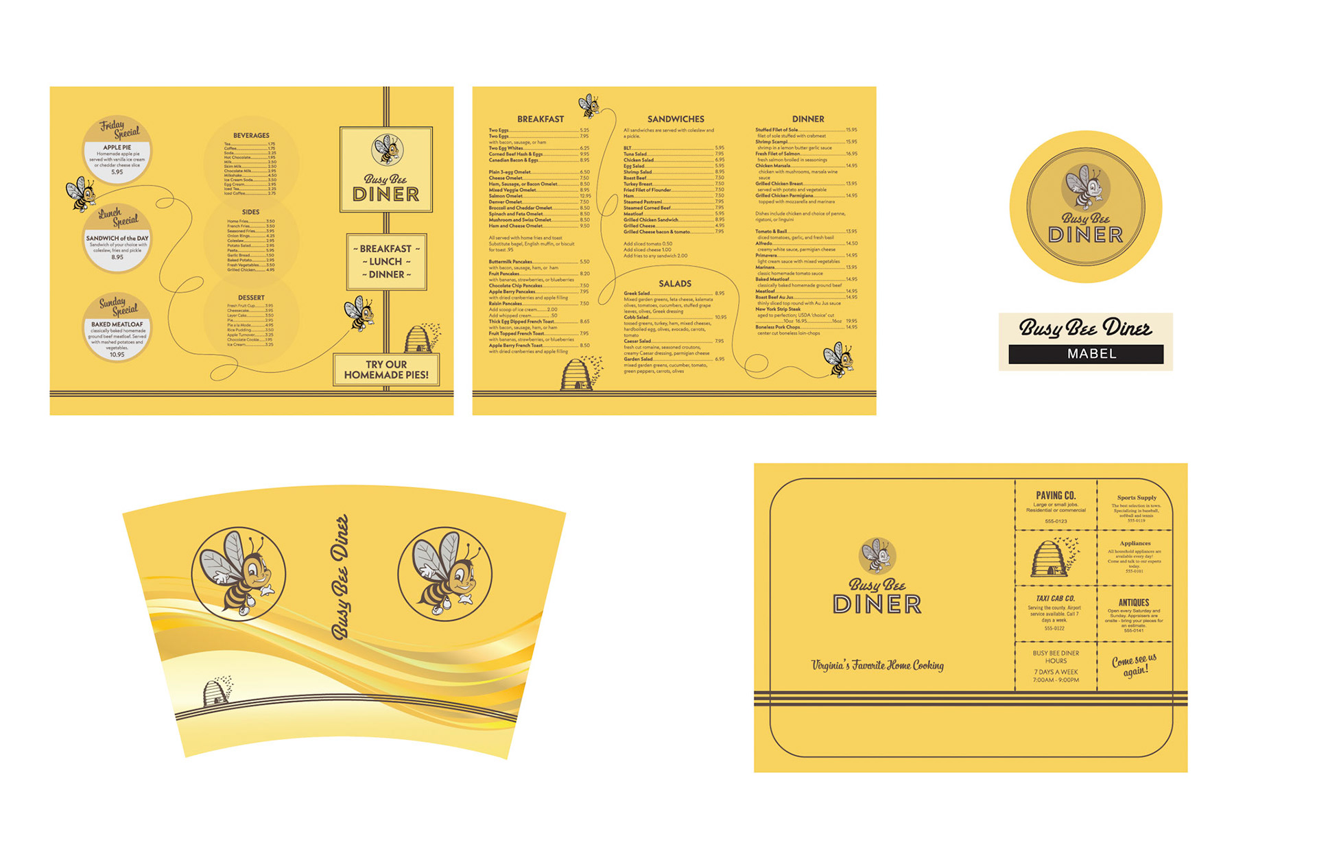 Diner menu • Coaster • Nametag • Take-out drink wrap • Placemat