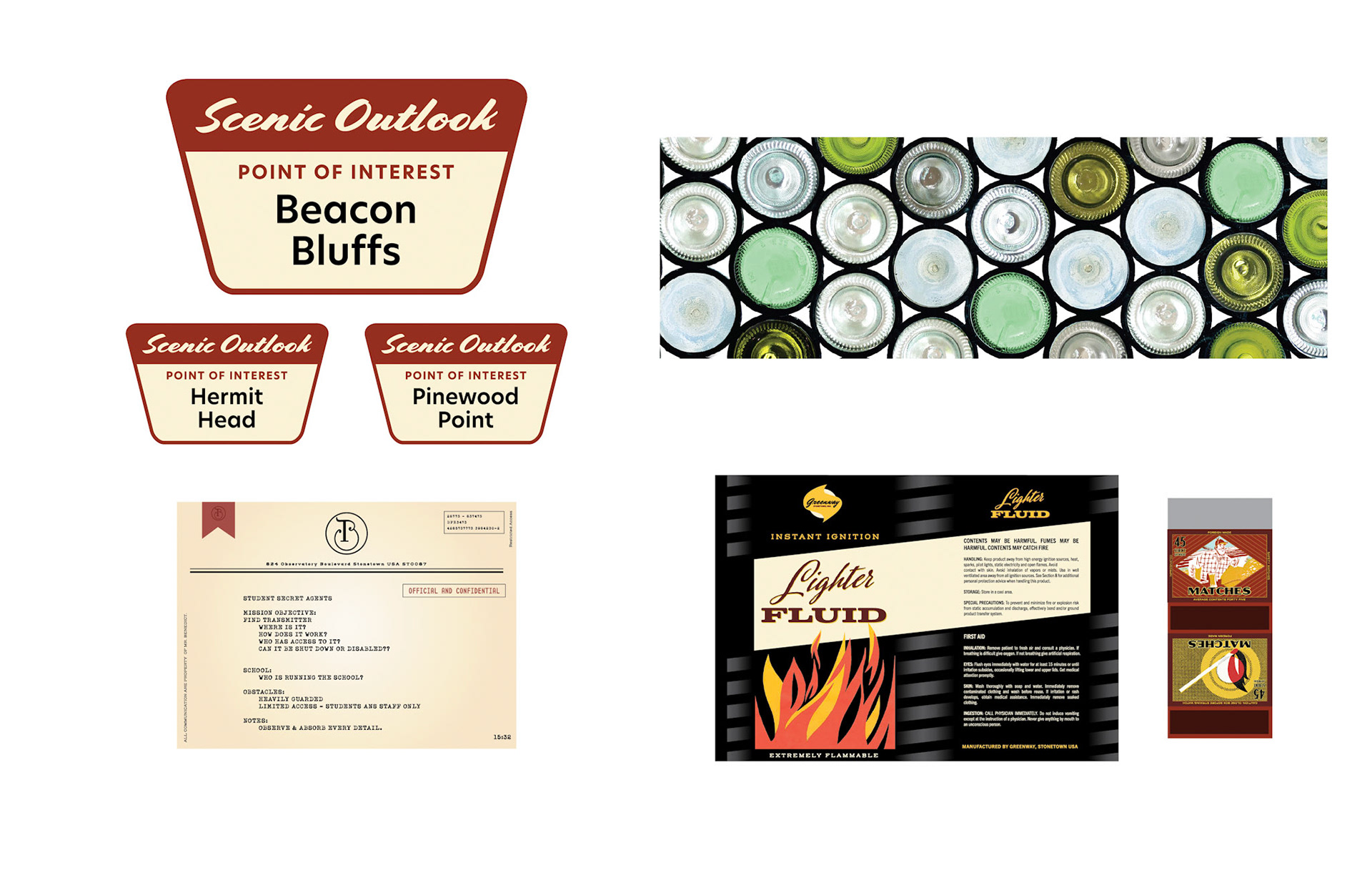 Signage • glass bottle window • Mission documen • lighter fluid label • matchbox graphic