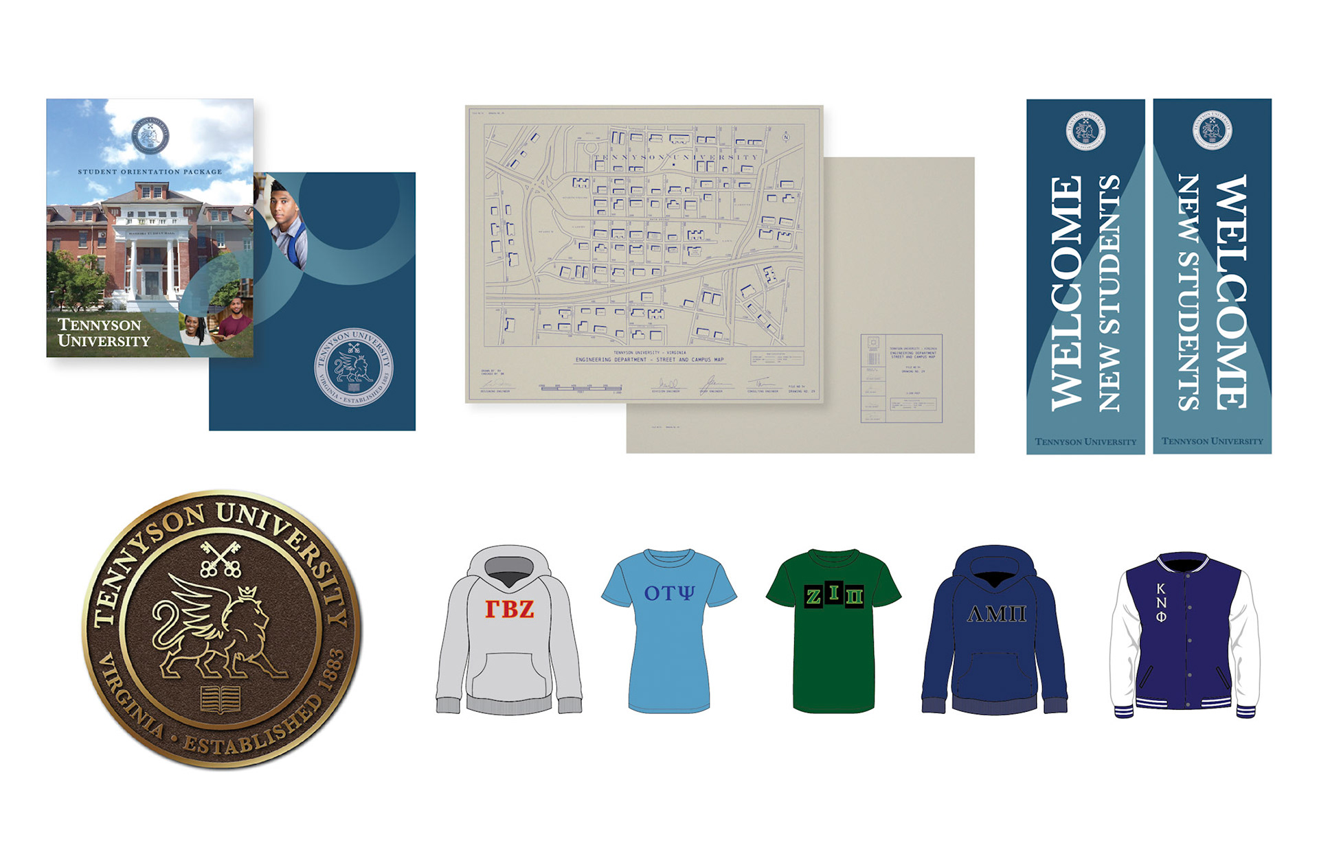 University folder • Map • Banners • Brass plaque • Fraternity and Sorority clothing