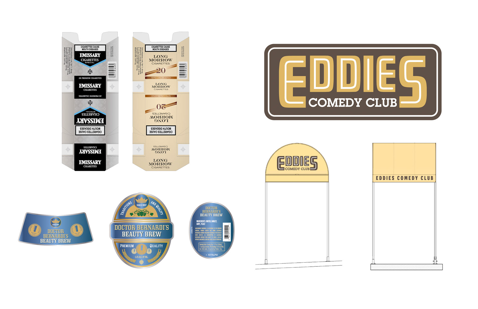 Cigarette packs • Sign • Beer label • Awning