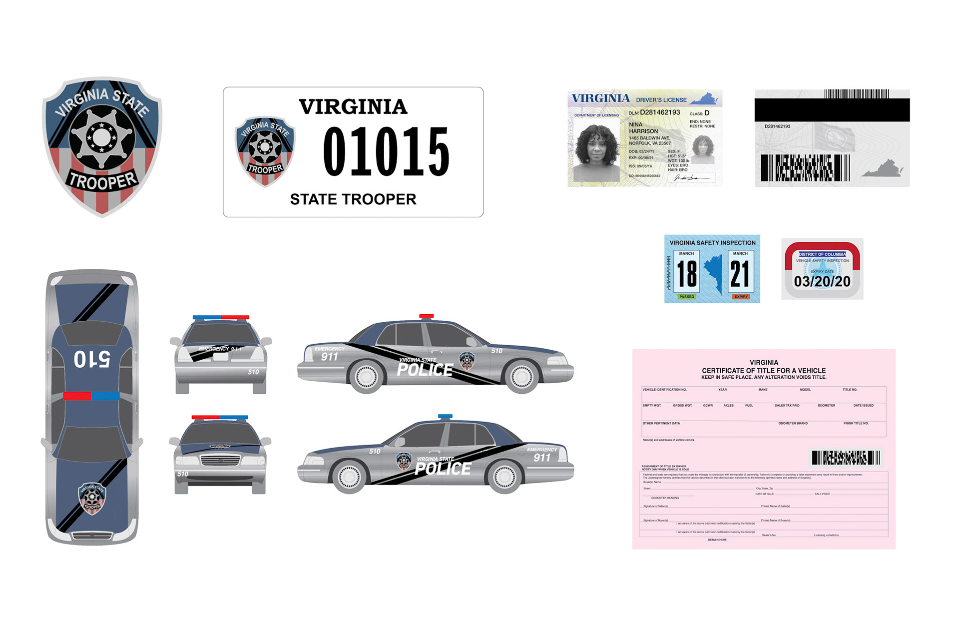 State Trooper crest • License plate • Driver's license • Police Car • Vehicle registration