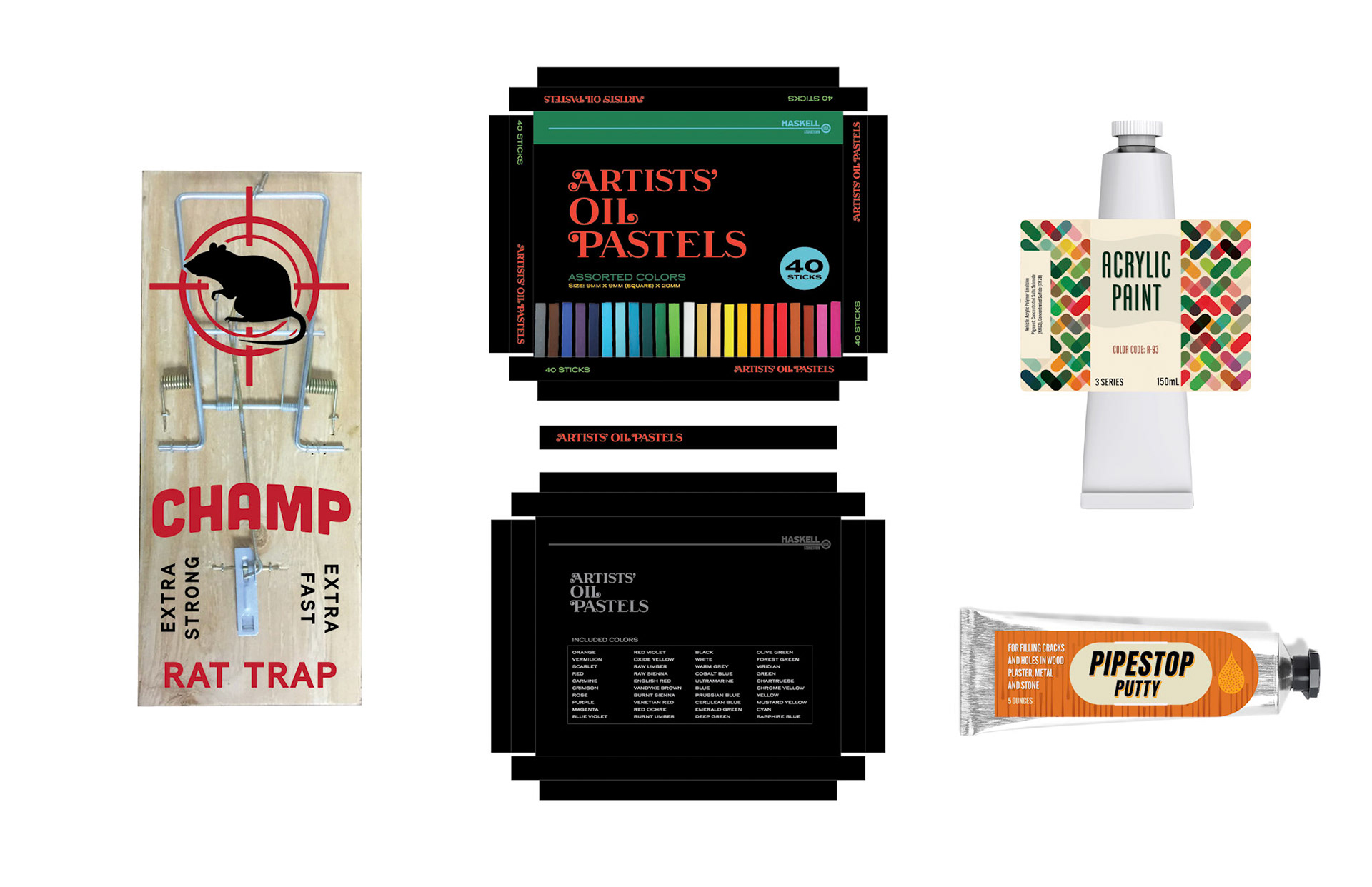 Graphics for rat trap • oil pastels box • paint tube label • putty tube label