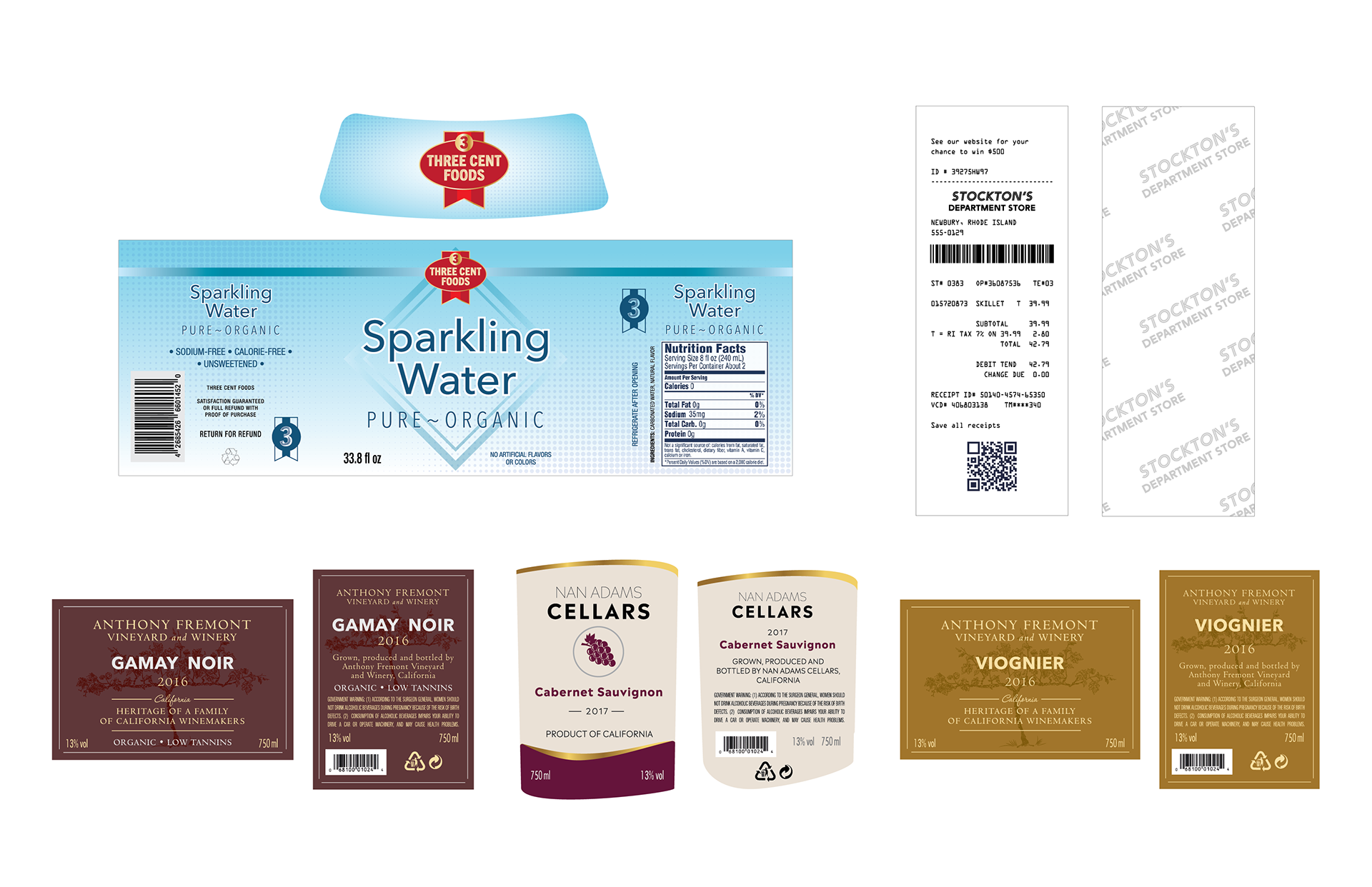 Water bottle label • Receipt • Wine labels
