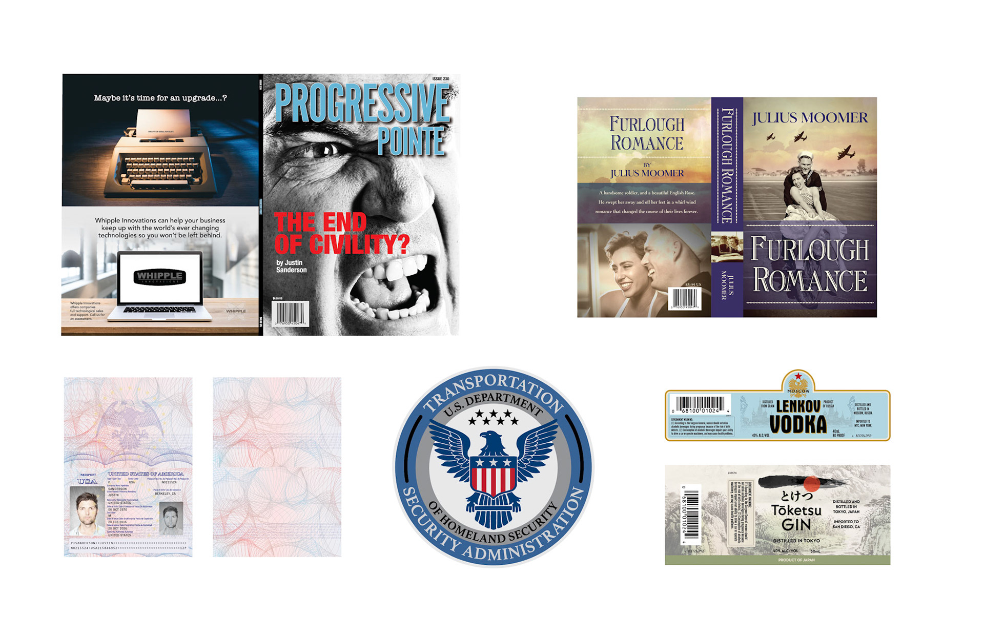 Magazine cover • Book cover • Passport • TSA crest • Mini liquor bottles
