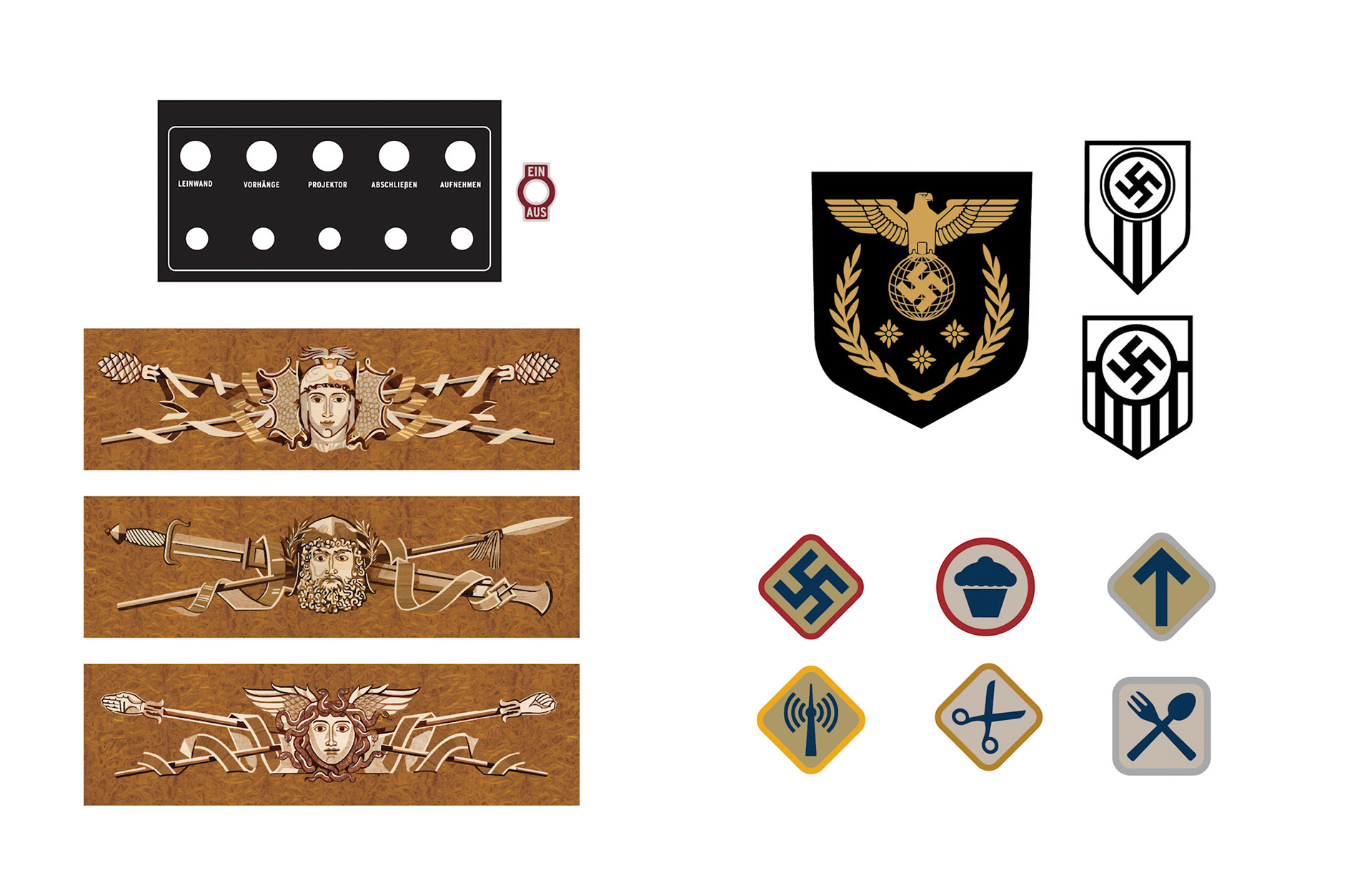 Hitler's desk: console labels, wood inlays • Patches