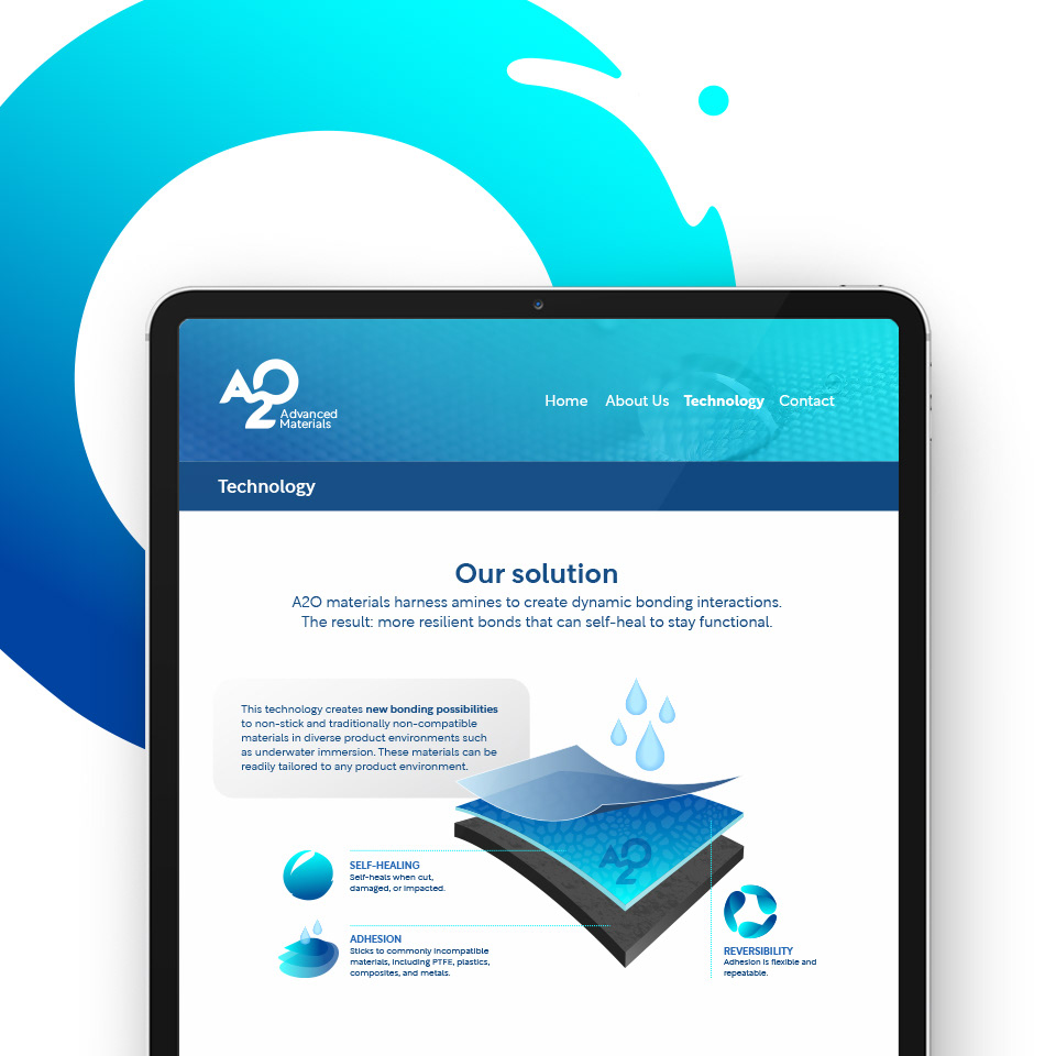 Branding for UBC based start-up A2O materials, who are transforming adhesion. Branding in partnership with Epigram Content Strategy.