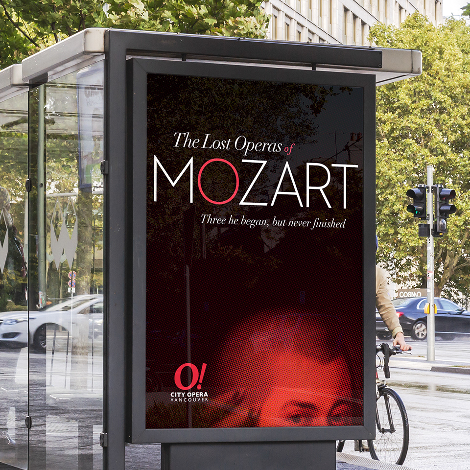 Branding for City Opera Vancouver's 'The Lost Operas of Mozart.' Mozart is cheekily watching over the production.