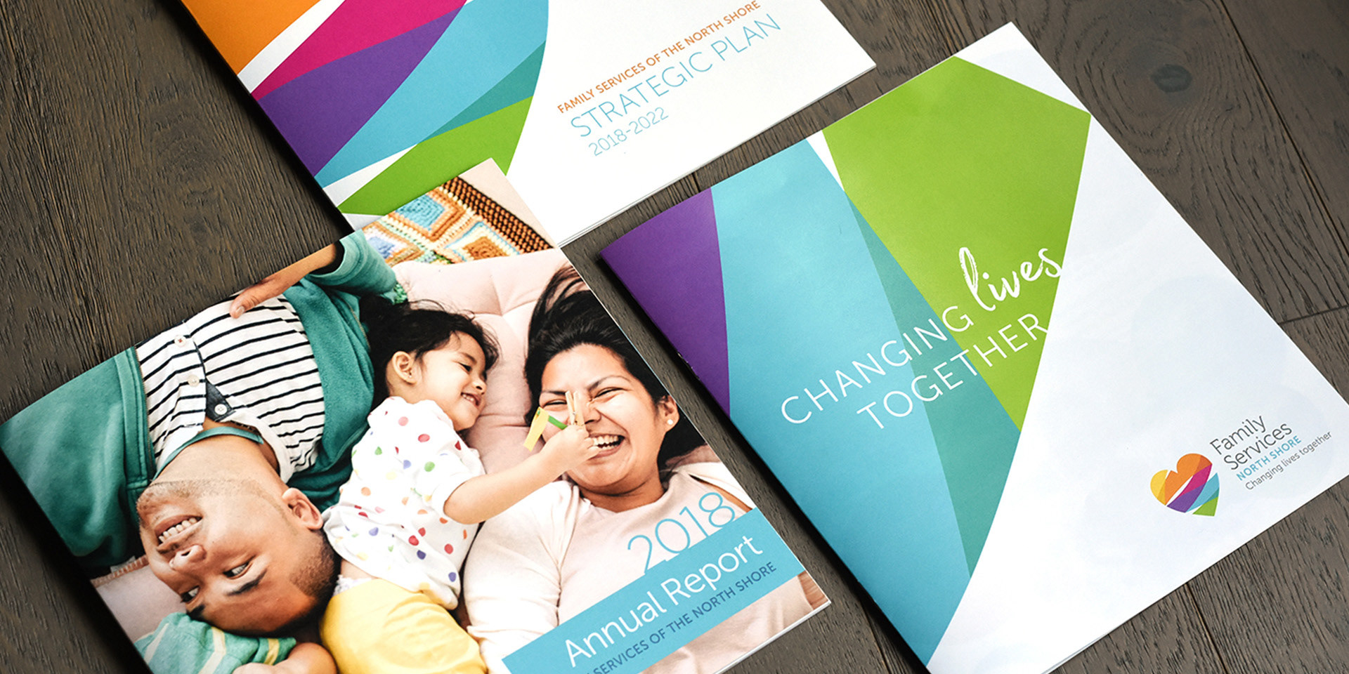 Re-brand of the Family Services of the North Shore as an umbrella strategy to support many sub-brands and services. The heart is the centre of the community and they are changing lives together. Branding in partnership with White Crow communications.
