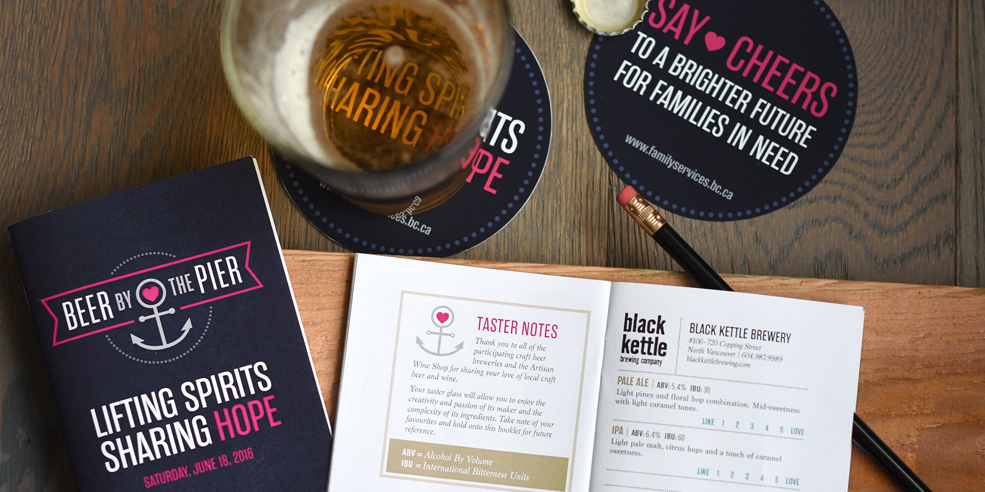 Branding for the Family Services North Shore fundraising event, Beer by the Pier