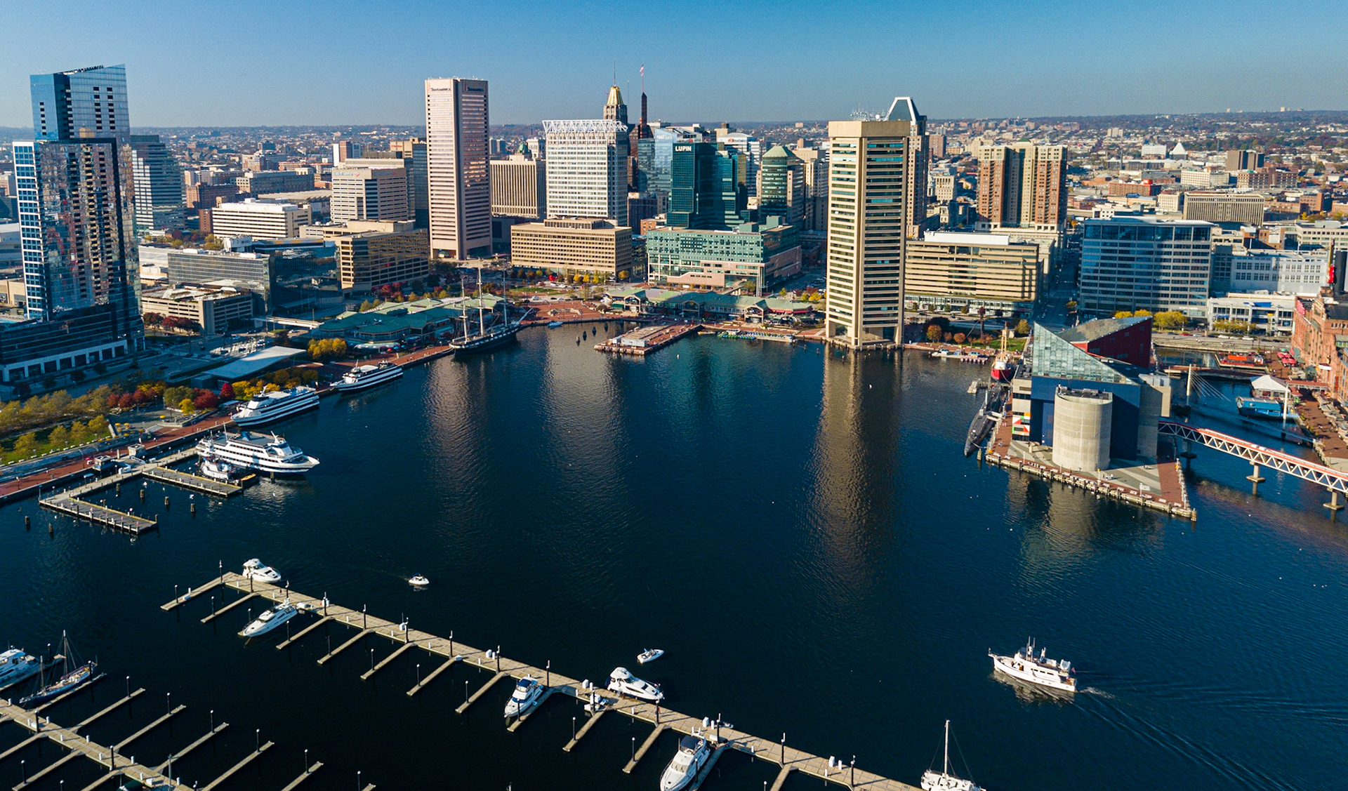 Baltimore city inner harbor skyscrapers panorama bird view