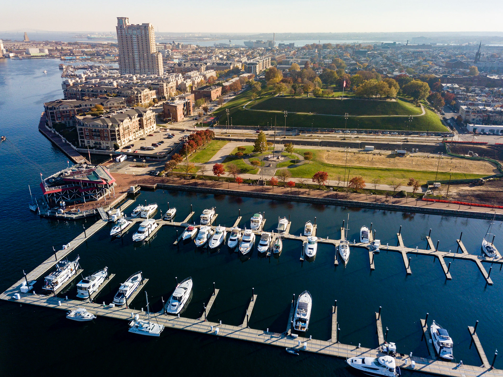 Baltimore city inner harbor skyscrapers panorama bird view