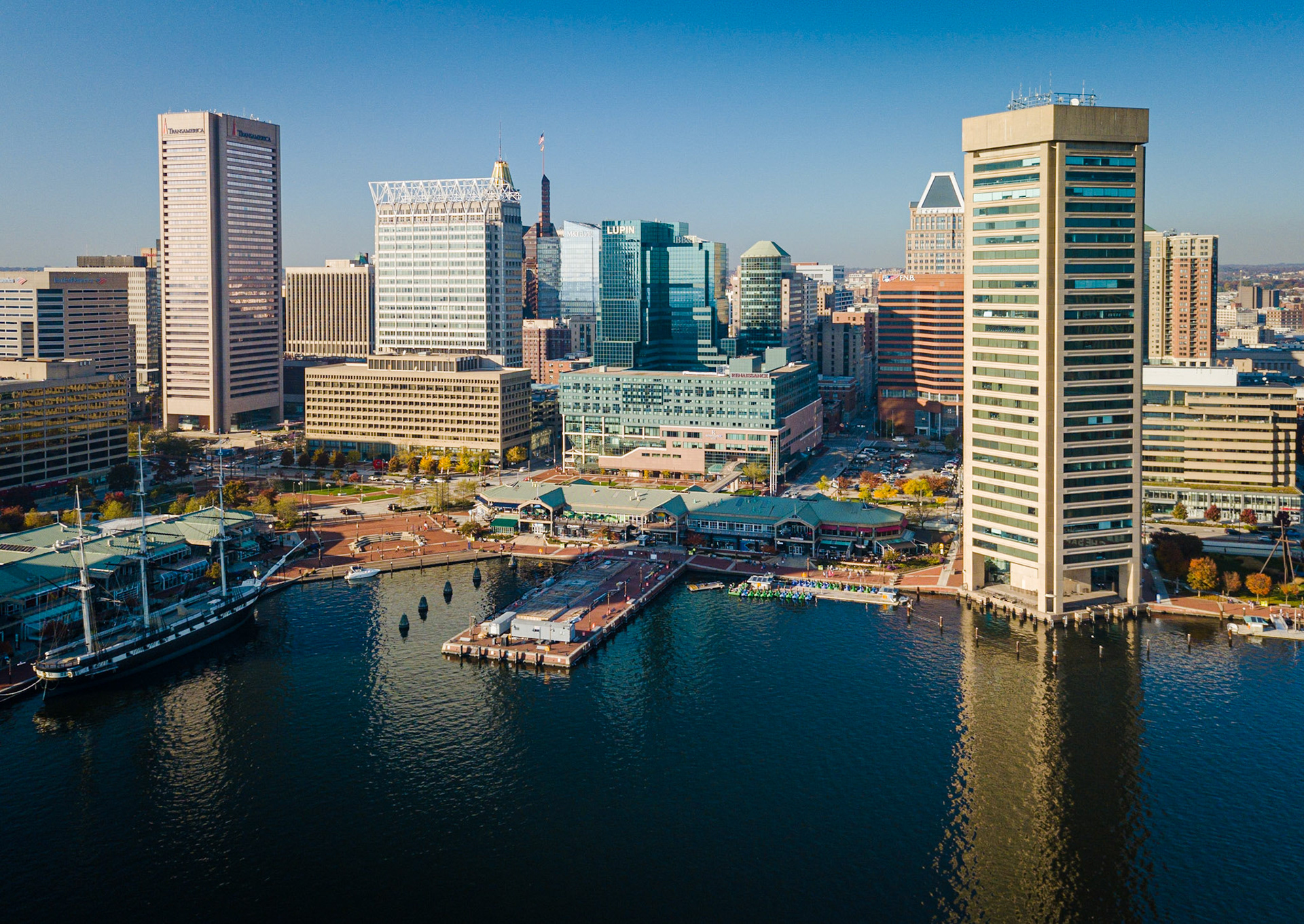 Baltimore city inner harbor skyscrapers panorama bird view