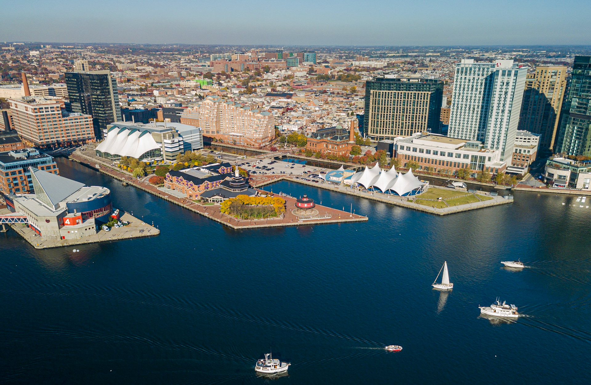 Baltimore city inner harbor skyscrapers panorama bird view