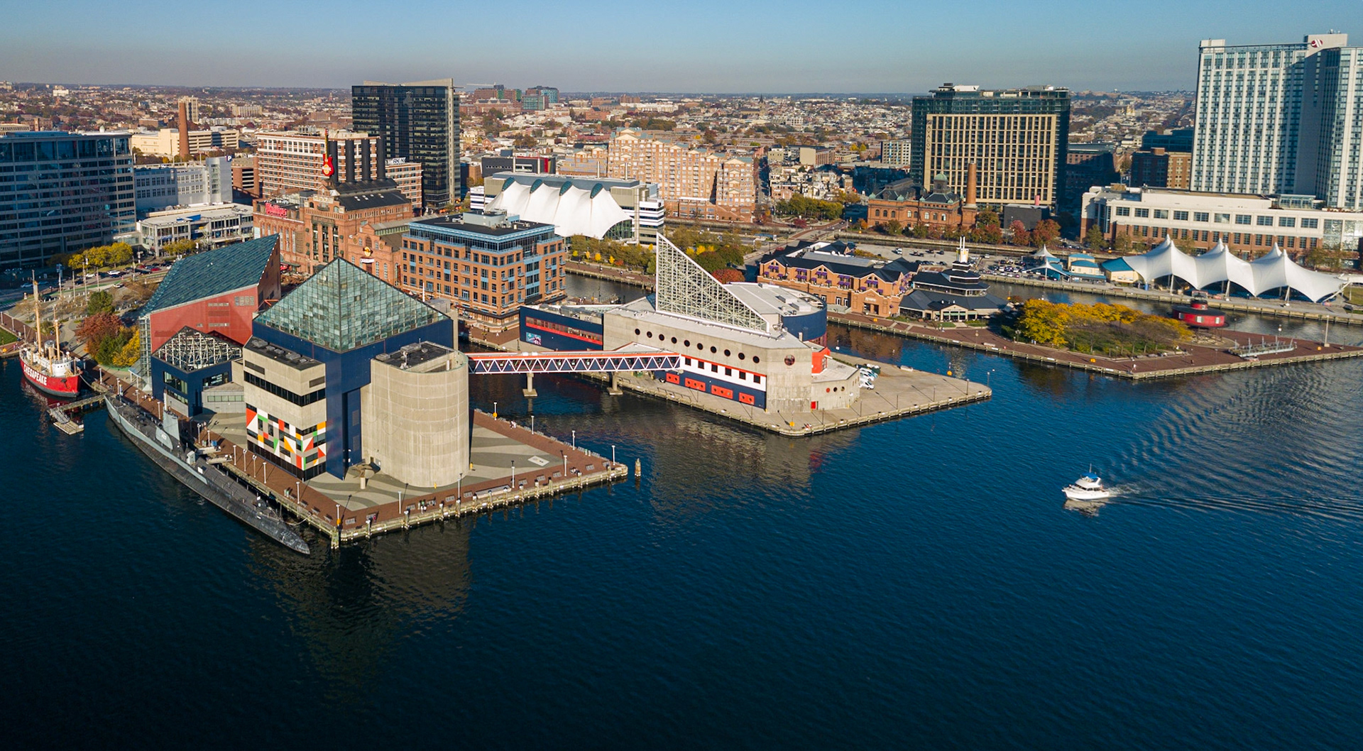 Baltimore city inner harbor skyscrapers panorama bird view