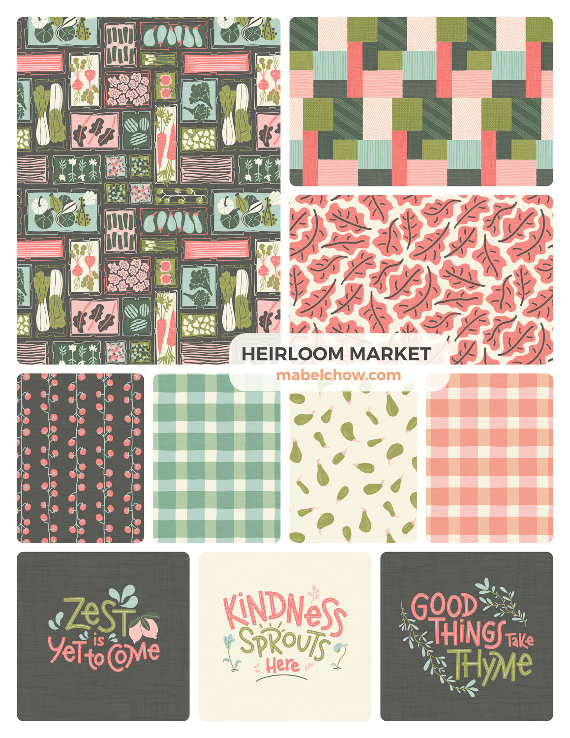 Heirloom Market collection overview by Mabel Chow,licensable modern vintage product surface designs