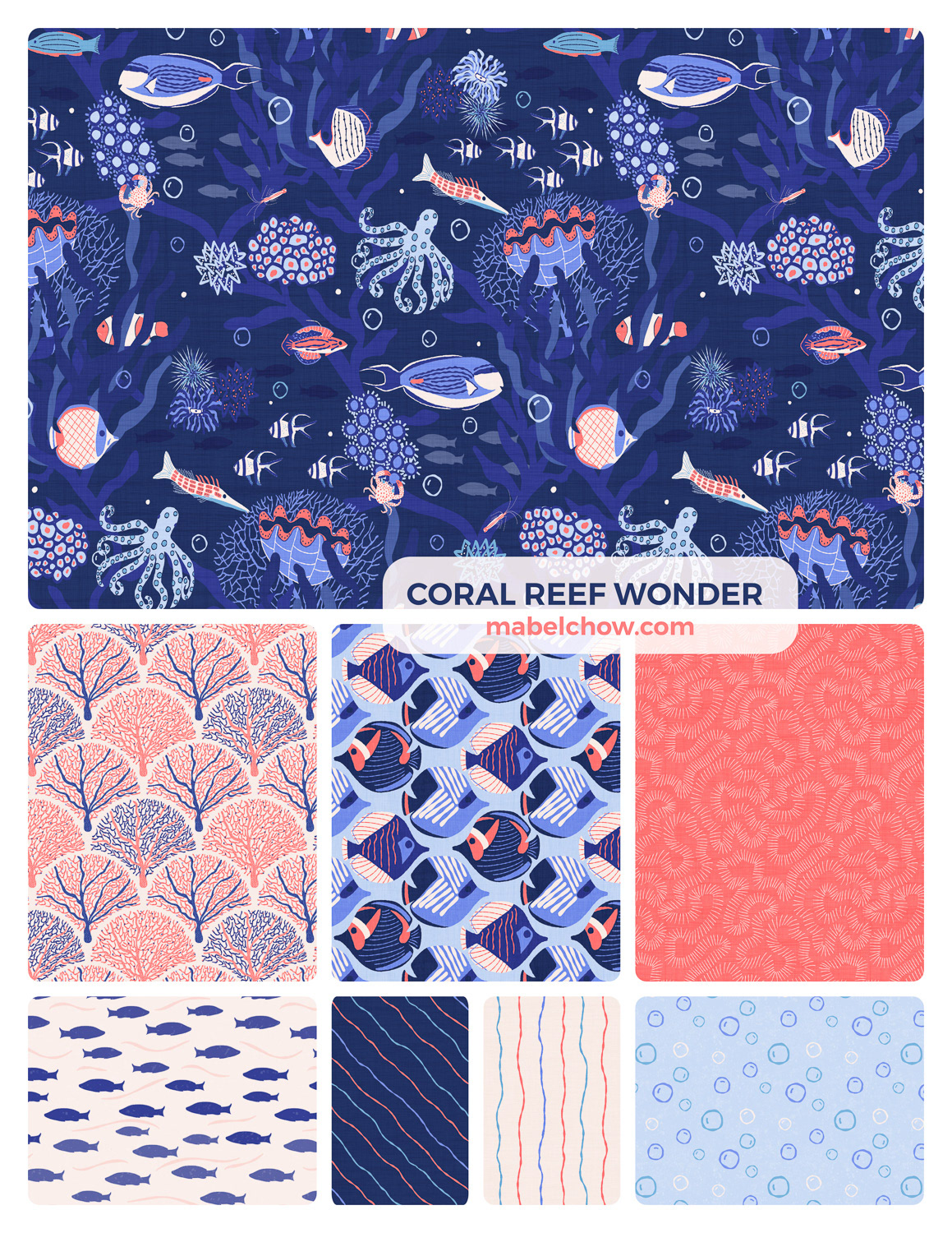 Coral Reef Wonder collection overview by Mabel Chow, licensable underwater surface design for fabric,home,lifestyle