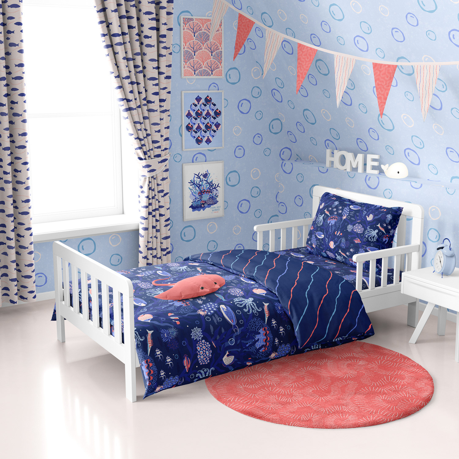 Coral reef life surface design by Mabel Chow shown as kids bedroom wallpaper,bedding,and curtain mockup