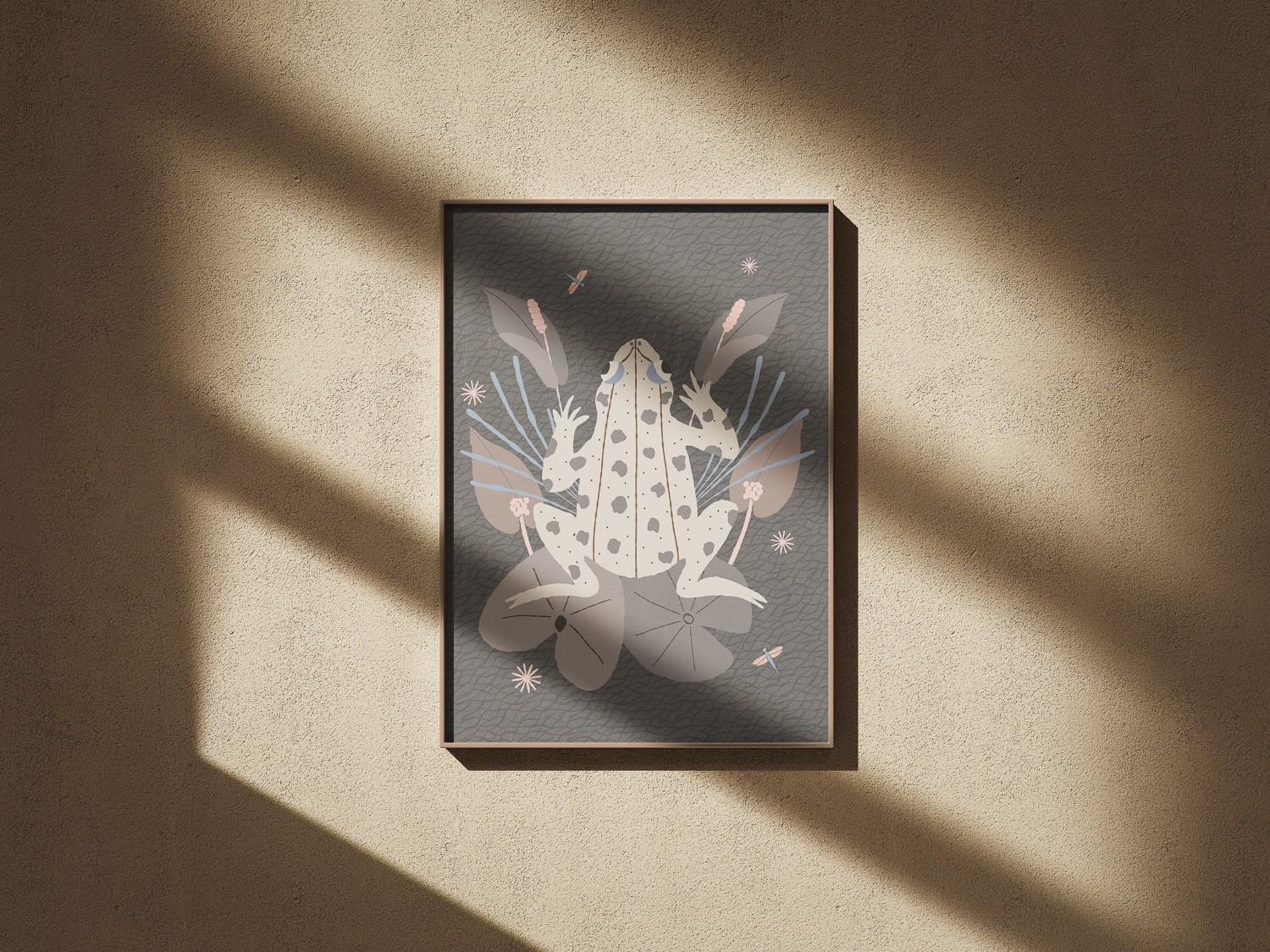 Frog on lily pads with dragonflies in Serentiy Grey colorway placement wallart mockup by Mabel Chow,licensable surface design