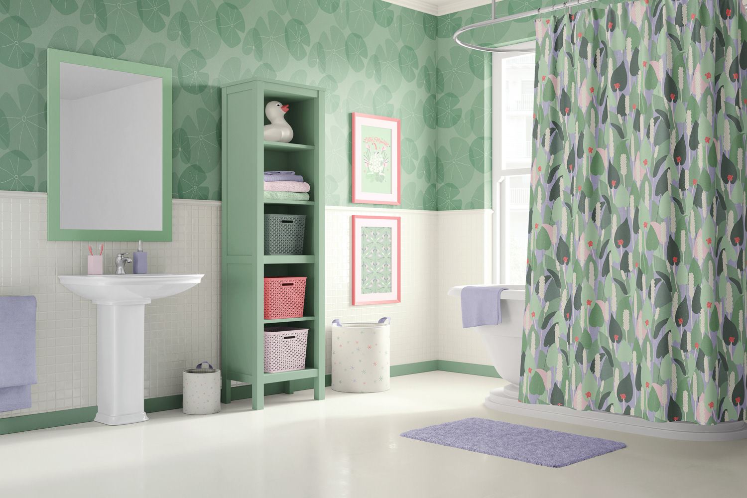 Water Garden pond surface designs shown in bathroom mockup by Mabel Chow,licensable surface design