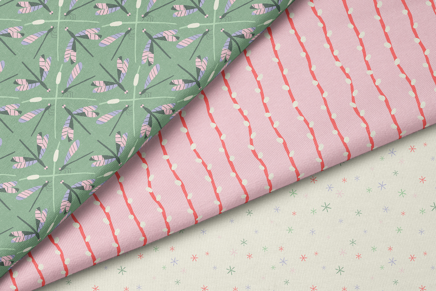 Dragonflies, pussy willow, and water star grass in Mint Green colorway close-up fabric mockup by Mabel Chow