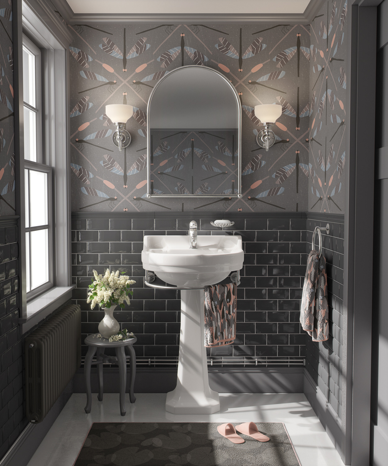Geometric,organic dragonfly pattern wallpaper and lily pad bathmat in serenity grey shown as bathroom mockup by Mabel Chow