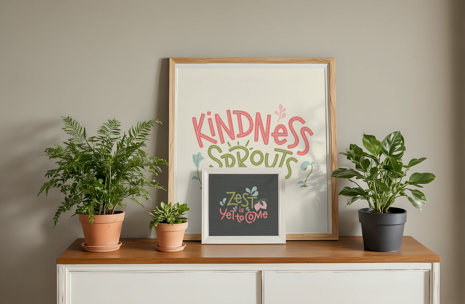Kindness Sprouts Here, Zest is Yet to Come hand lettering framed mockup by Mabel Chow,licensable surface design