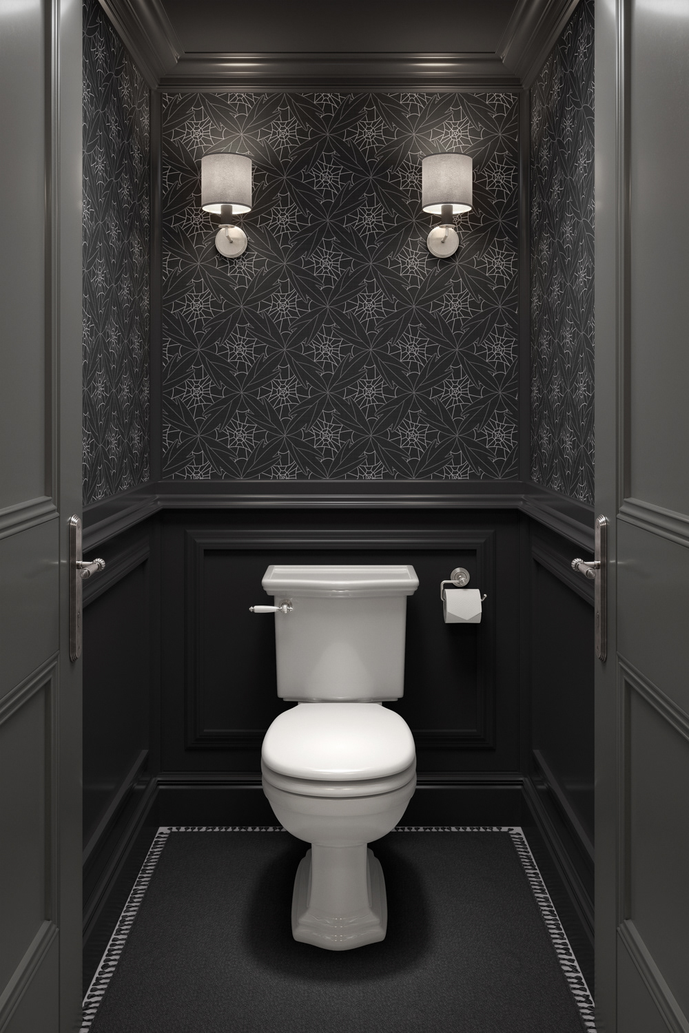 Geometric leaf web pattern wallpaper in grey gold by Mabel Chow shown as bathroom mockup, licensable surface design