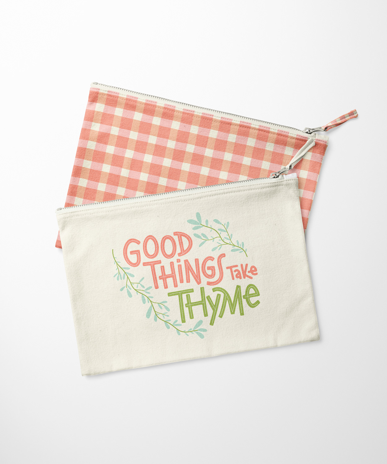 Good Things Take Thyme hand lettered and peachy pink plaid pouch mockup by Mabel Chow,licensable surface design