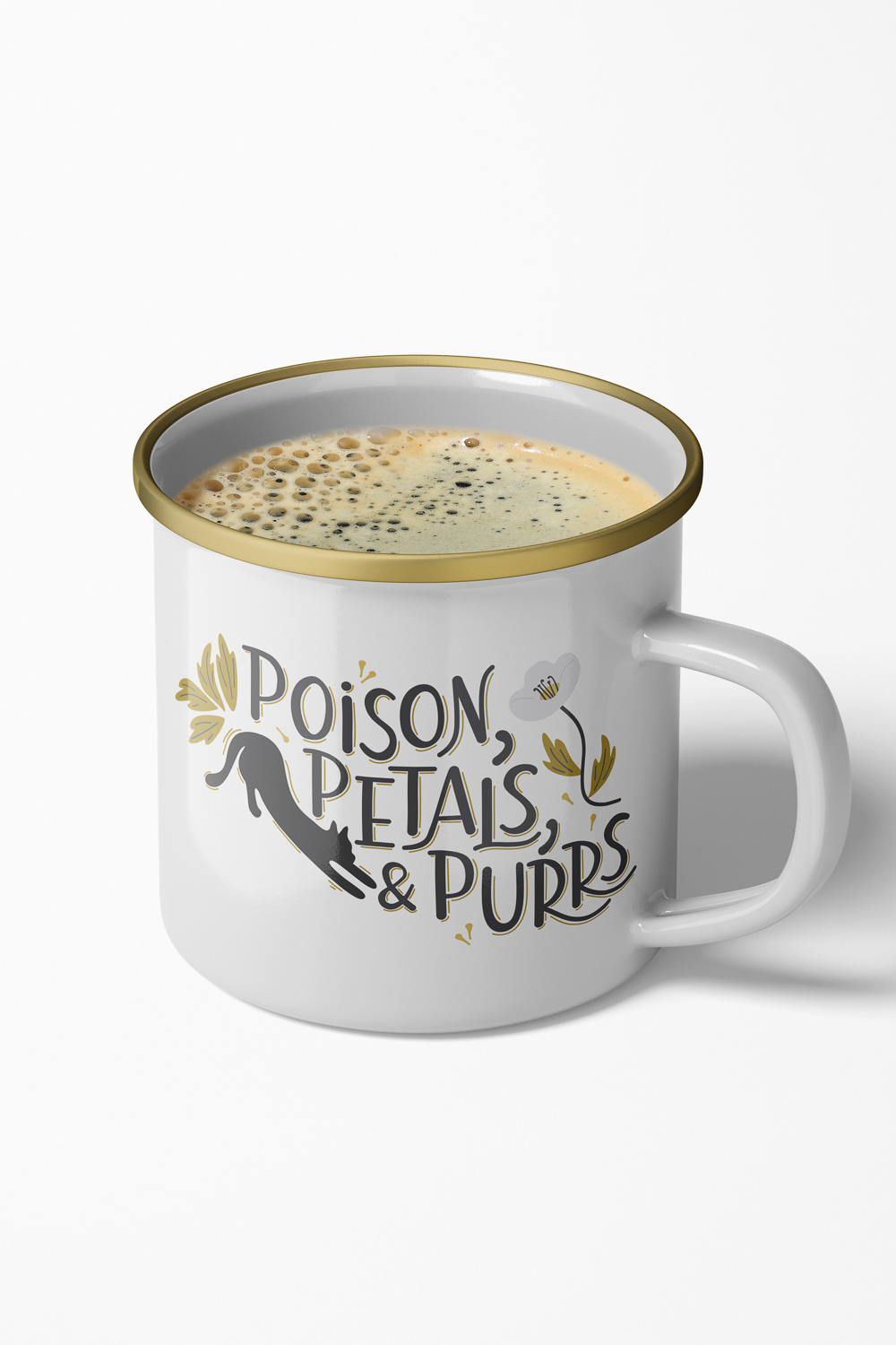 Poison,Petals,& Purrs hand lettered placement piece on mug mockup by Mabel Chow, licensable surface design