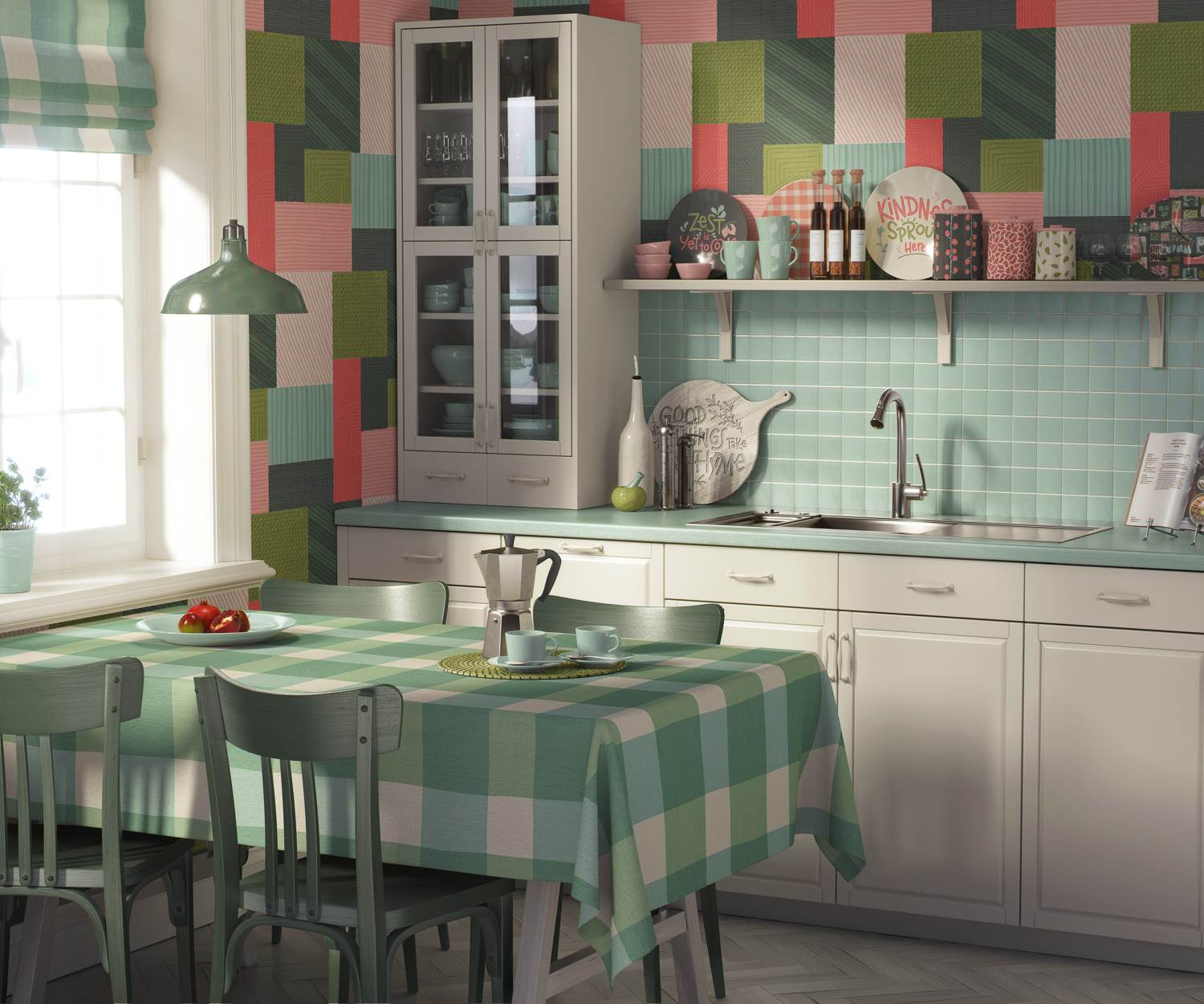 Modern vintage farmer's market wallpaper,tablecloth,and dishes in kitchen mockup by Mabel Chow,licensable surface design
