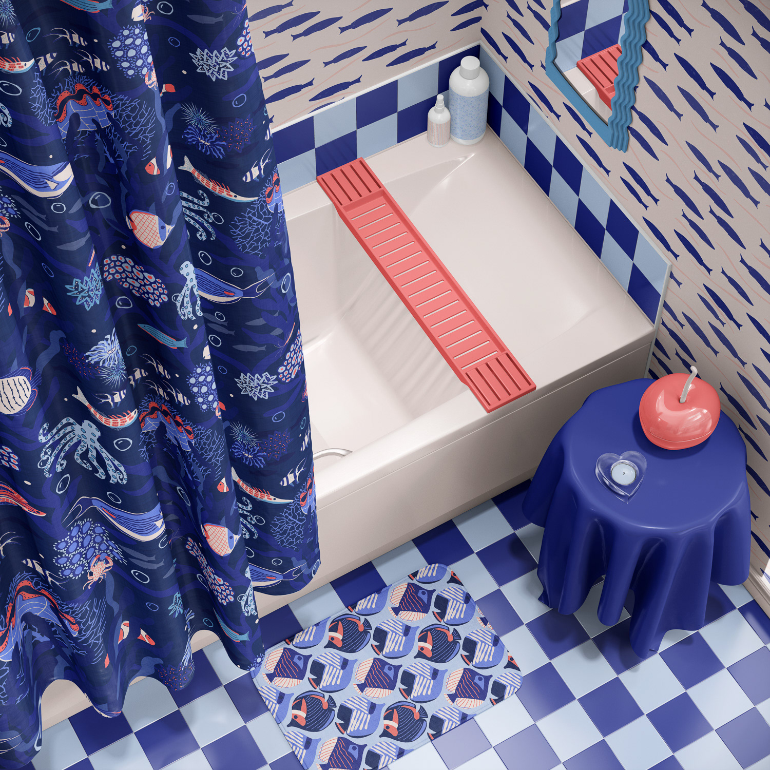 Underwater coral surface designs by Mabel Chow shown as bathroom wallpaper,curtain, and bath mat mockup
