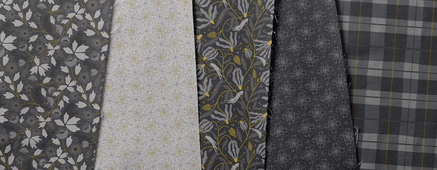 Close-up fabric of Dangerous in Bloom surface pattern designs in Grey Gold by Mabel Chow showing hellebore,cats,botanical,webs,flame lily,and plaid. 