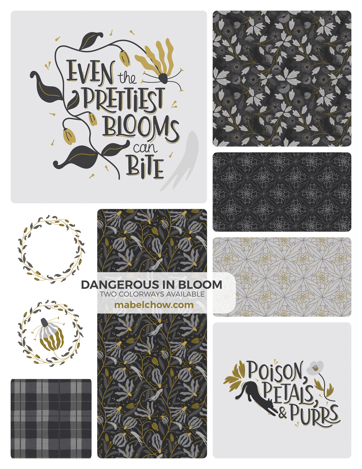 Dangerous in Bloom collection overview by Mabel Chow, licensable botanical surface design for fabric, home and entertaining