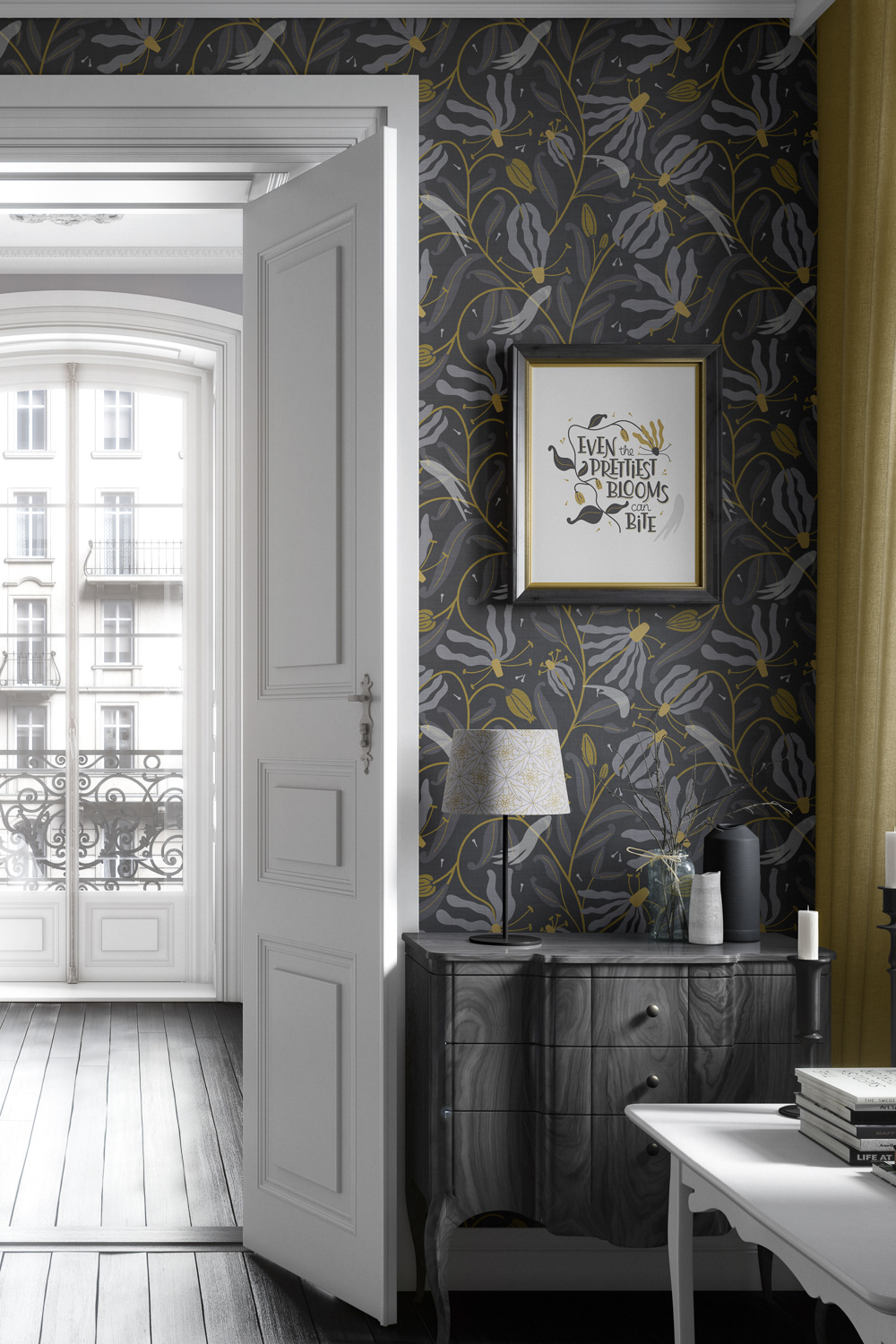Botanical flame lily wallpaper in Grey Gold colorway shown in apartment mockup by Mabel Chow with framed hand lettering phrase Even the Prettiest Blooms can Bite, licensable surface design.