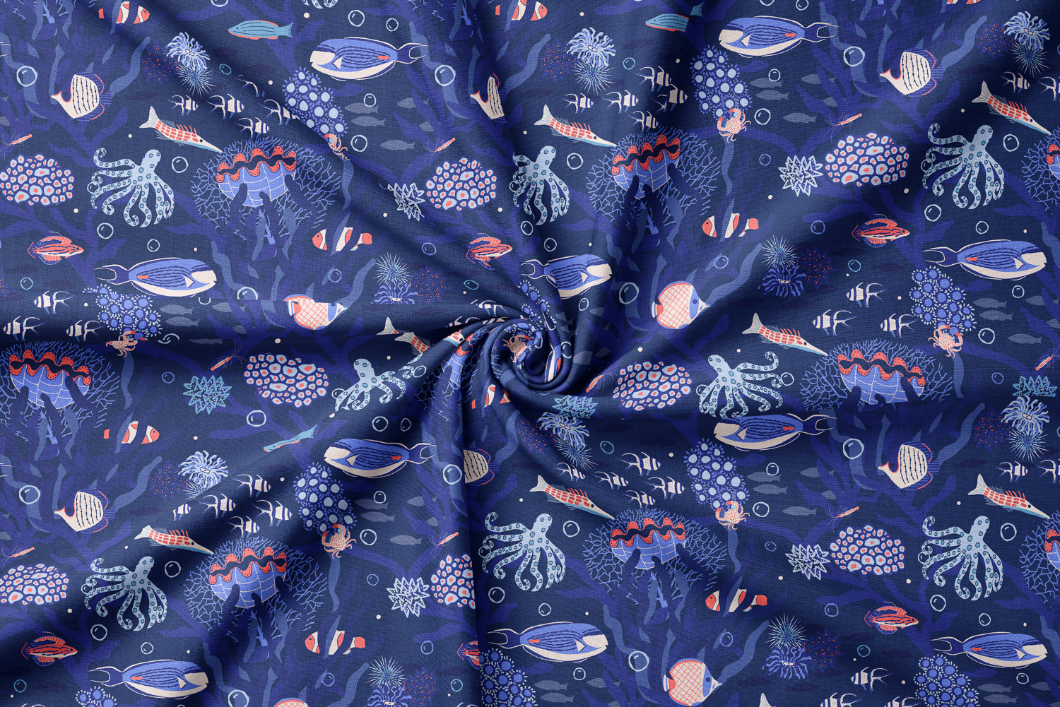 Immersive underwater coral reef pattern by Mabel Chow shown on close-up fabric, licensable surface pattern design