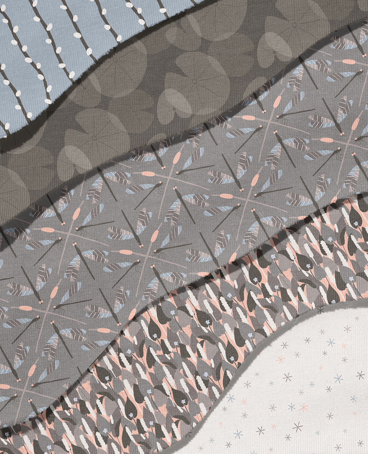 Water Garden surface patterns in Serentiy Grey colorway on fabric mockup by Mabel Chow